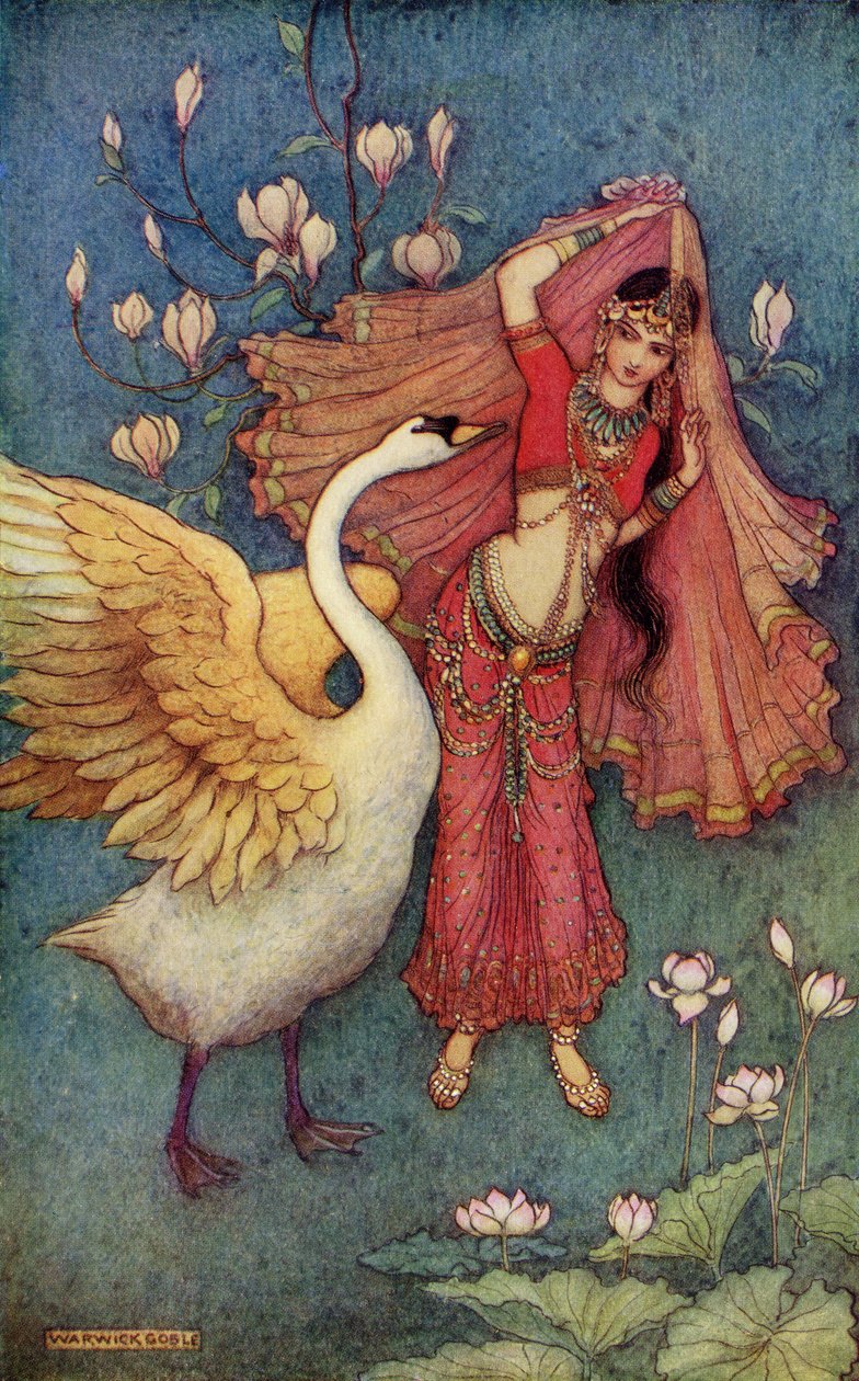 Damayanti ja joutsen, kuvitus Donald A. Mackenzien teoksesta "Intian myytti ja legenda", julkaistu vuonna 1913 tekijältä Warwick Goble
