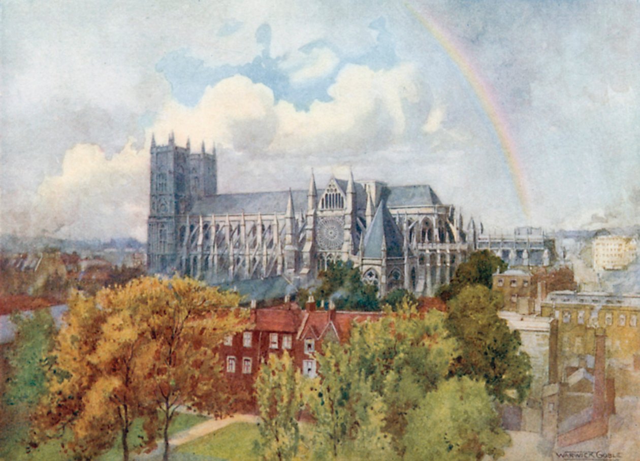 Westminster Abbey kaakosta (värilitografia) tekijältä Warwick (after) Goble
