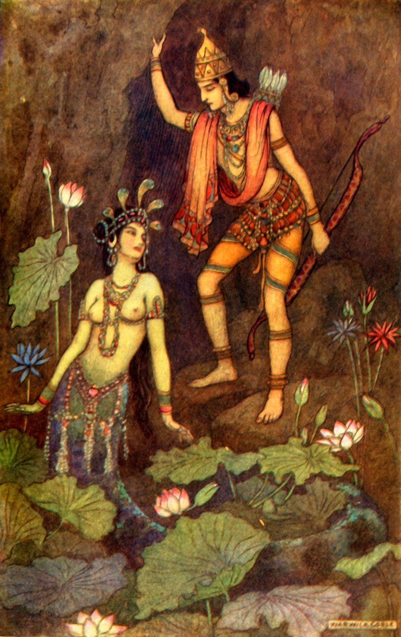 "Arjuna ja nymfijoki", 1913. tekijältä Warwick Goble