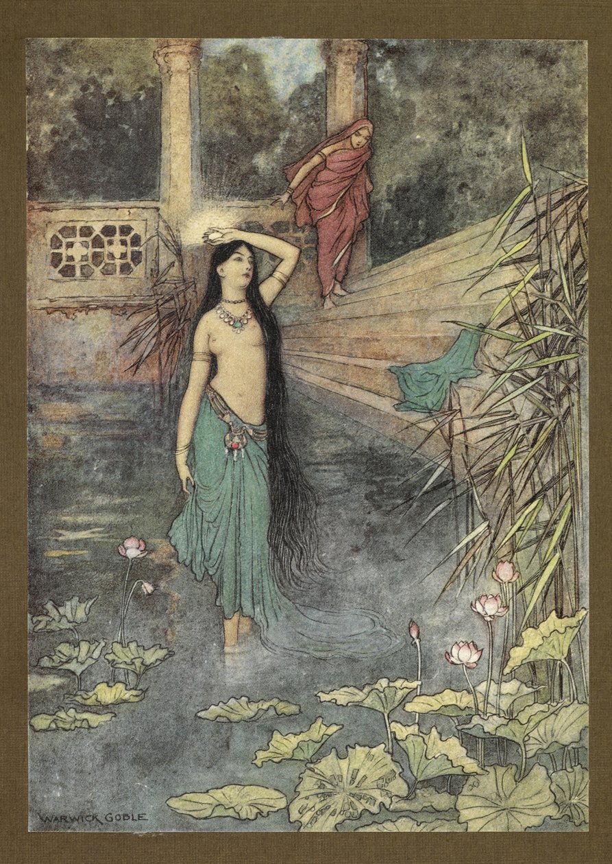 Frontispiece: "Hän ryntäsi ulos palatsista... ja tuli ylämaailmaan." Folk-Tales of Bengalista ... 32 värillistä Warwick Goblen kuvitusta (Edition de luxe.) tekijältä Warwick Goble