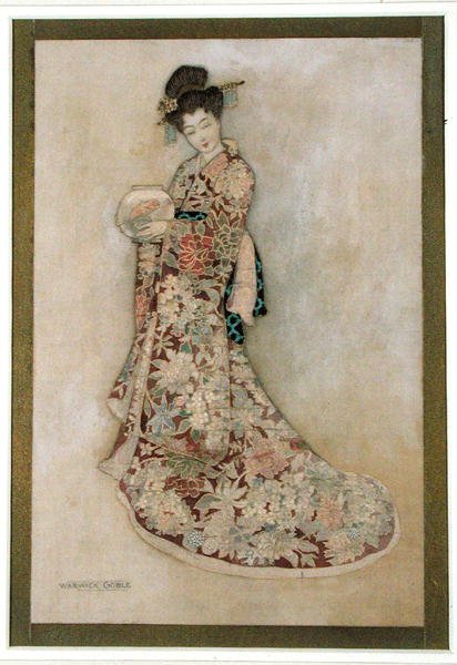 Geisha Girl (akvarelli ja kulta pellavalle) tekijältä Warwick Goble