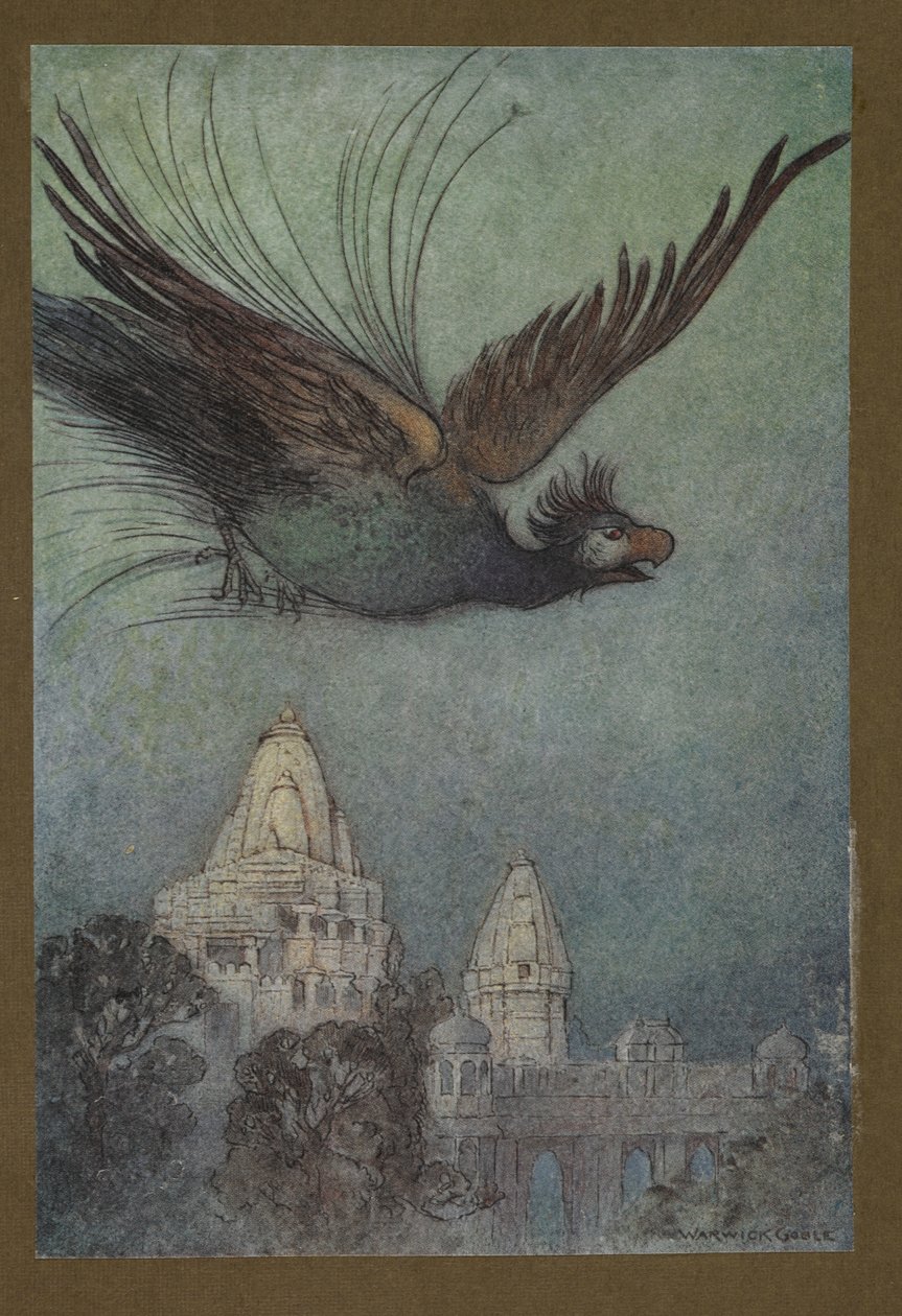 Levy 10: "Hirmivä lintu tulee ilmeisesti ulos palatsista", Folk-Tales of Bengal ... 32 värikuvitusta Warwick Goblesta (Edition de luxe.) 1914 (väri litho) tekijältä Warwick Goble