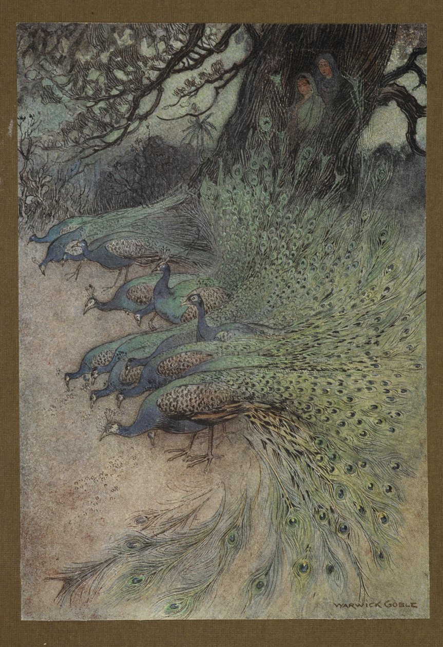 Levy 11: "Sadat upeat piikit tulivat pengerreille syömään khaita", Folk-Tales of Bengal -julkaisusta... 32 Warwick Goblen värillistä kuvitusta. (De luxe -versio.) tekijältä Warwick Goble