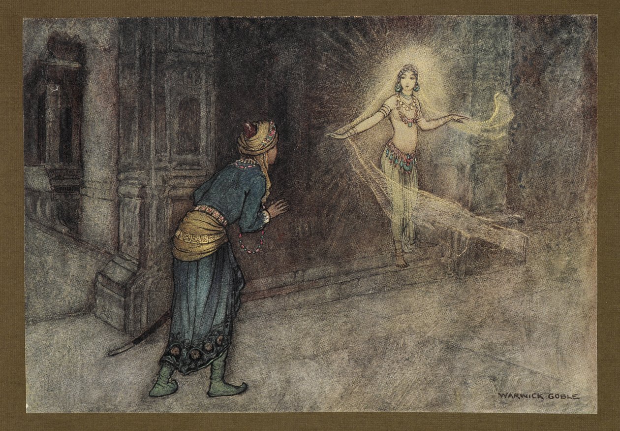 Levy 13: "Hän näki kauniin naisen tulevan ulos palatsista", Folk-Tales of Bengal... 32 värikuvitusta Warwick Goblesta (Edition de luxe.) 1914 (väri litho) tekijältä Warwick Goble