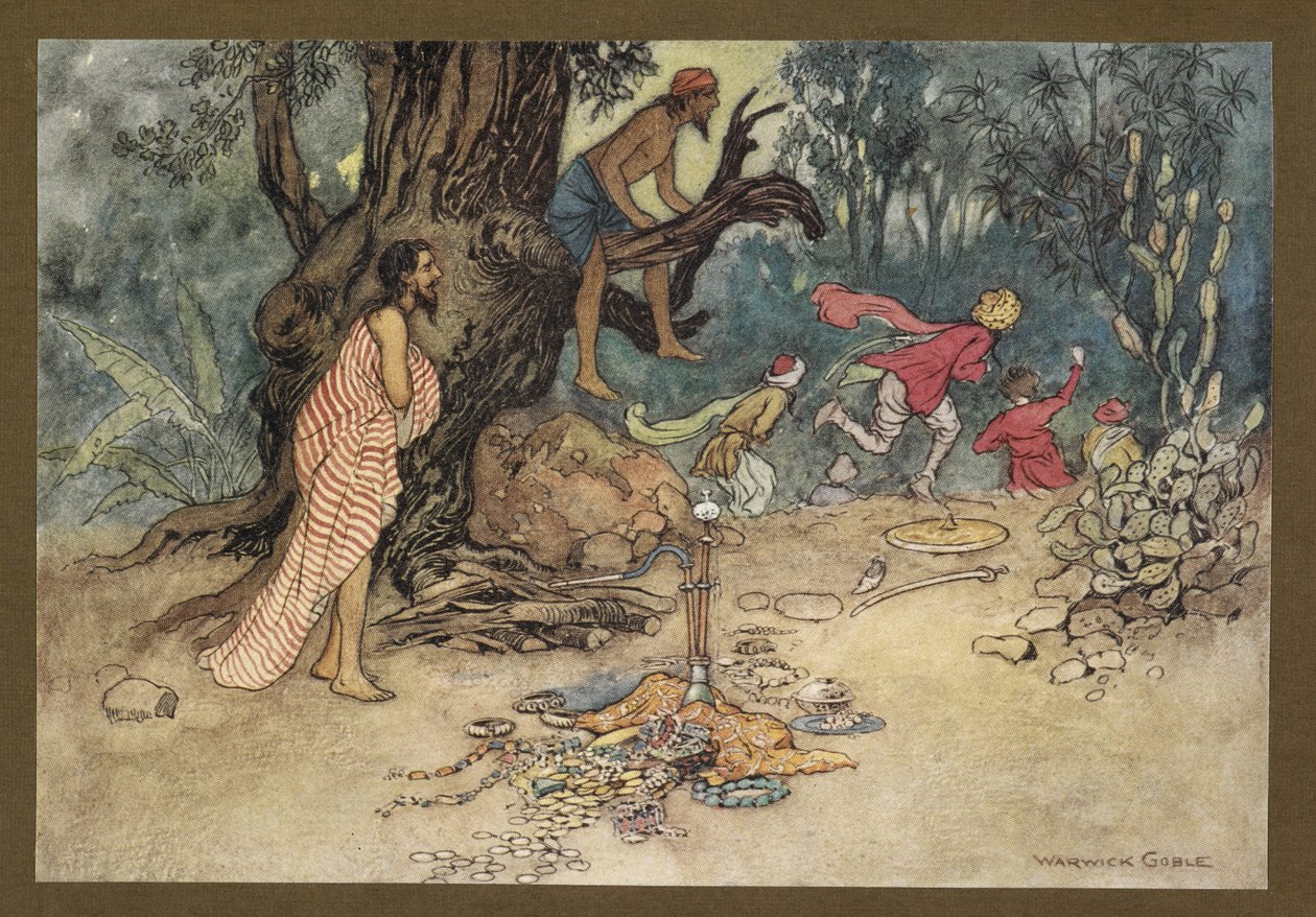 Levy 15: "He pakenivat suuressa pelossa jättäen rahat ja jalokivet elokuvasta "Folk-Tales of Bengal... With 32 värillistä Warwick Goblen kuvitusta (Edition de luxe) tekijältä Warwick Goble