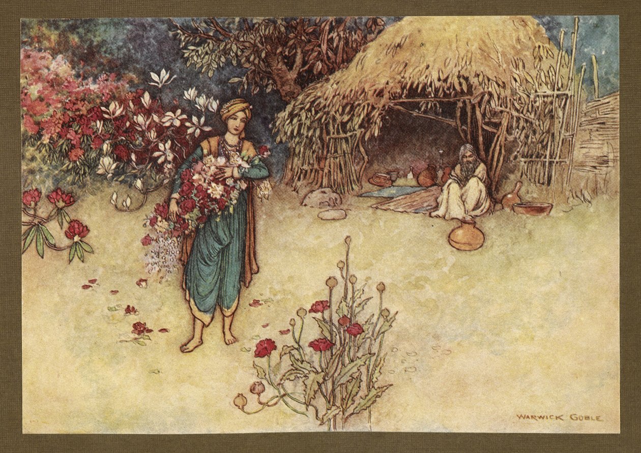 Levy 17: "Aamunkoitolla hänellä oli tapana teurata kukkia ensimmäisessä", Folk-Tales of Bengal... 32 värillistä Warwick Goblen kuvitusta. (De luxe -versio.) tekijältä Warwick Goble