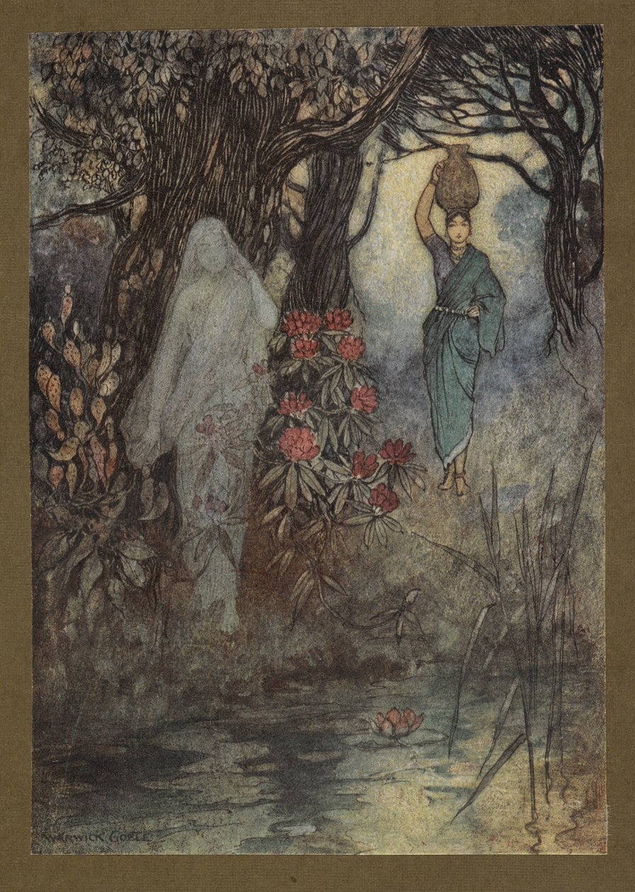 Levy 18: "Brahmanin vaimolla oli tilaisuus mennä panssarivaunuun, ja kun hän meni, sankchinni harjasi häntä", Folk-Tales of Bengal... 32 Warwick Goblen värillistä kuvitusta. (De luxe -versio.) tekijältä Warwick Goble