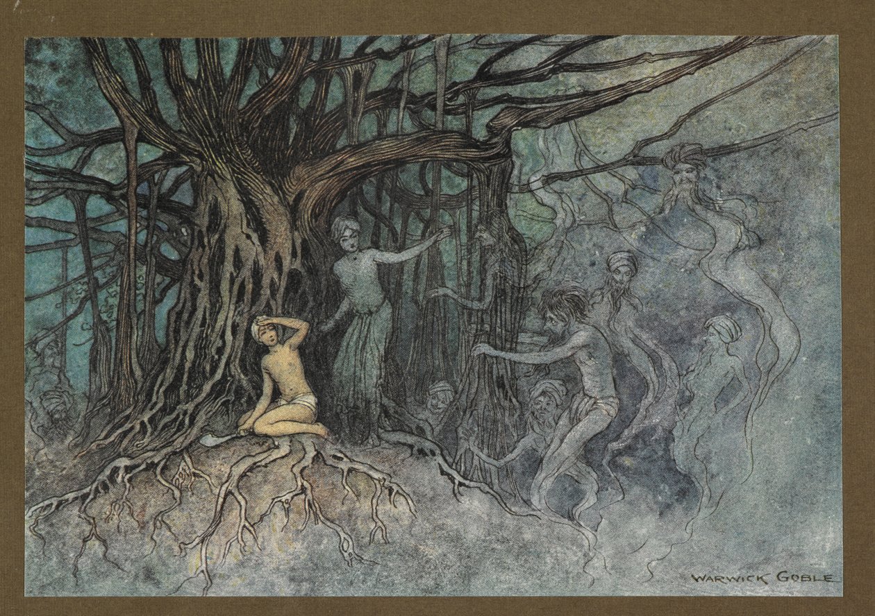 Levy 19: "Sillä hetkellä, kun ensimmäinen veto annettiin, monet haamut ryntäsivät kohti Brahmania "Folk-Tales of Bengal ... 32 värillisellä Warwick Goblen kuvituksella (Edition de luxe.) tekijältä Warwick Goble