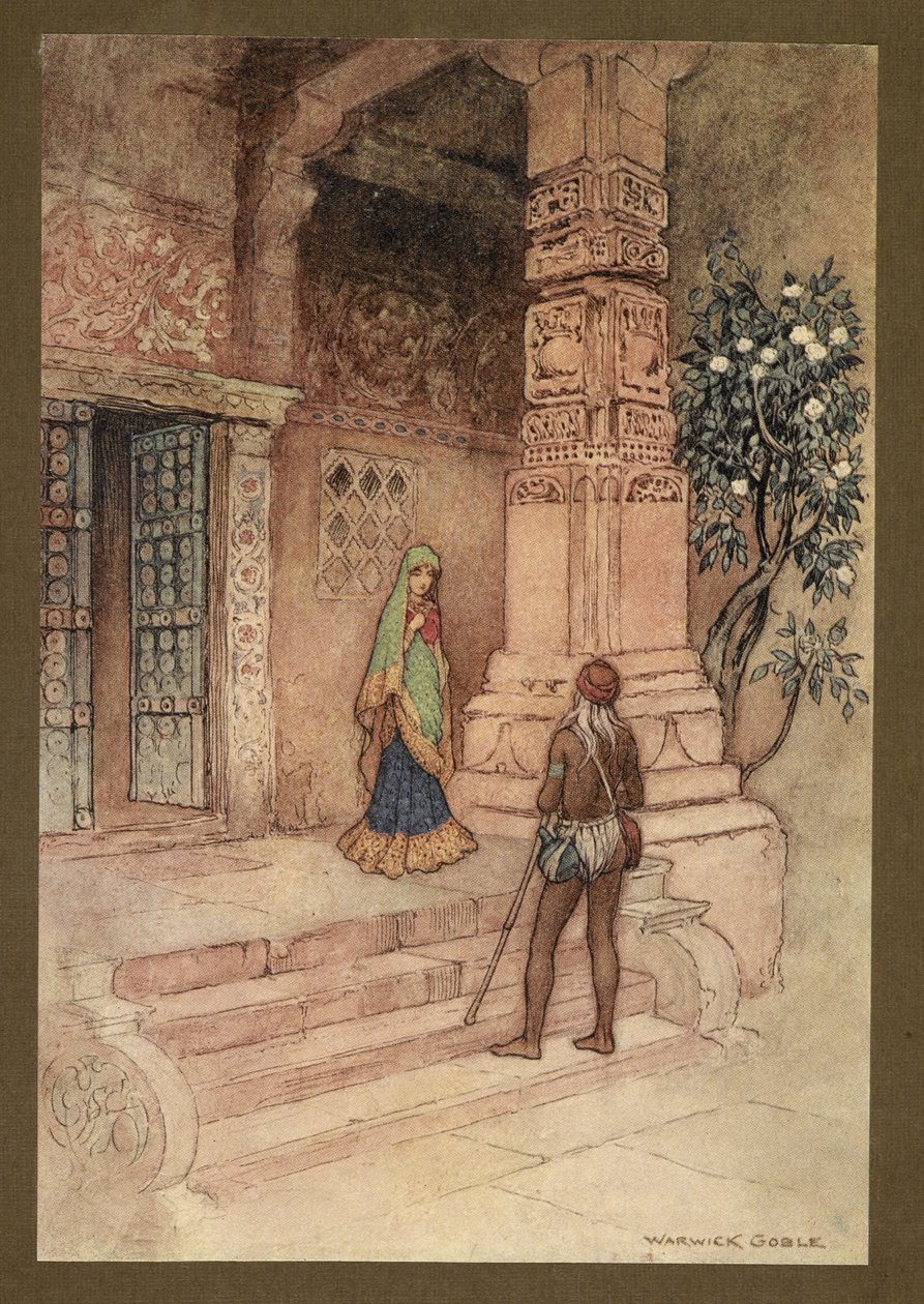 Levy 1: "Suon kuningatar meni ovelle kourallisen riisiä kanssa." kokoelmasta Folk-Tales of Bengal ... 32 Warwick Goblen värillistä kuvitusta. (De luxe -versio.) tekijältä Warwick Goble