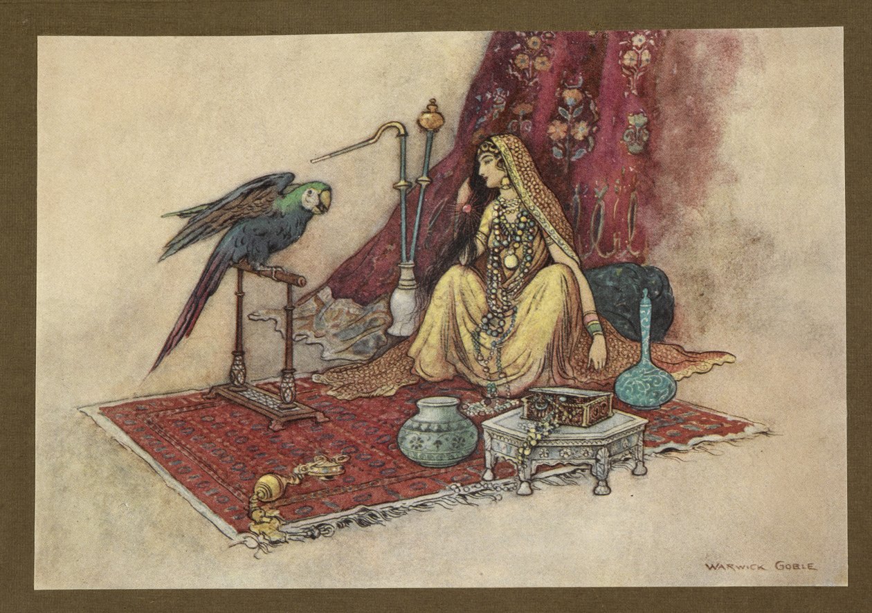 Levy 21: "Mikä prinsessa laittaa vain yhden rubiinin hiuksiinsa?" Folk-Tales of Bengalista ... 32 värillistä Warwick Goblen kuvitusta (Edition de luxe.) tekijältä Warwick Goble