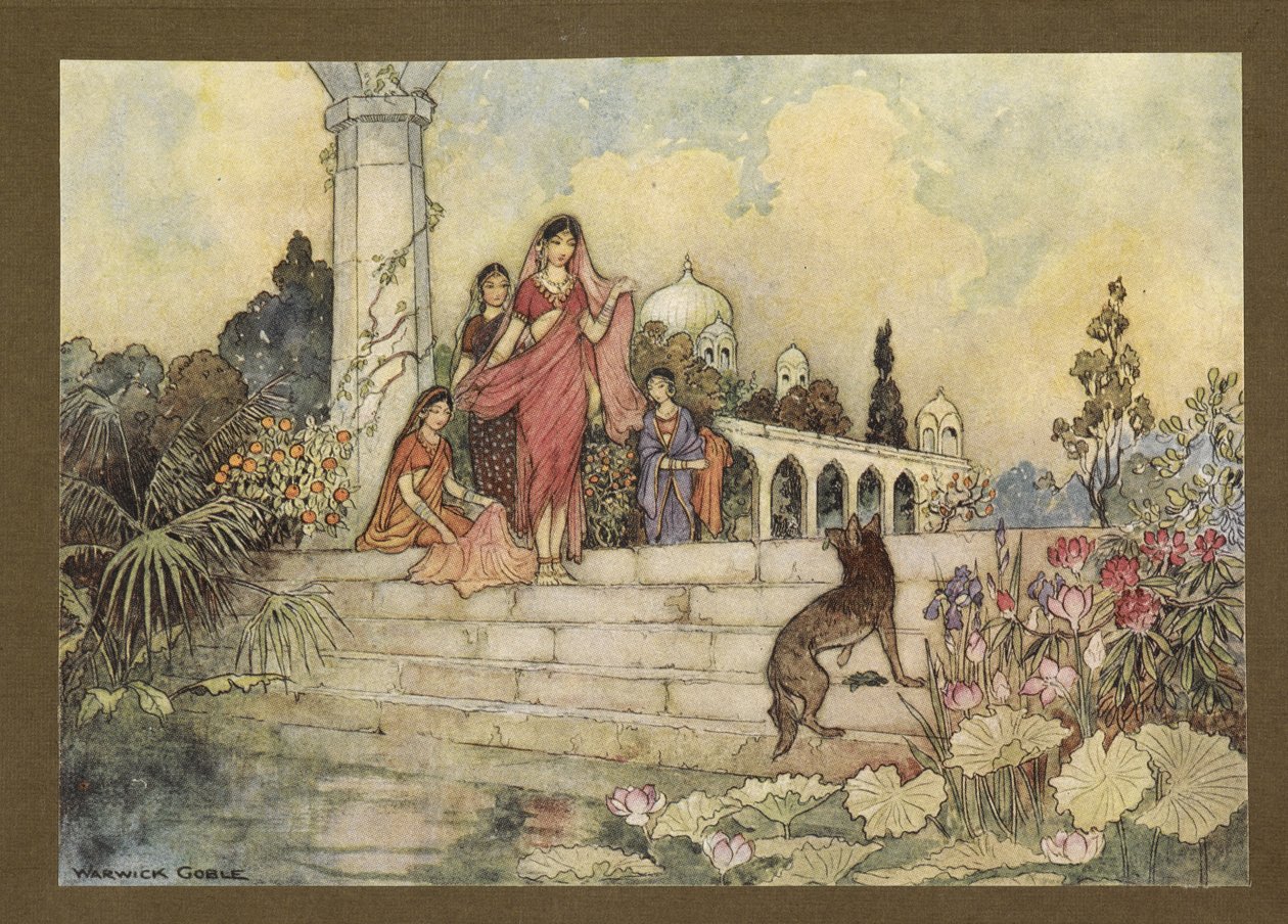 Levy 23: "Saakaali... avasi kimppunsa betelinlehtiä, pisti osan suuhunsa ja alkoi pureskella niitä", julkaisusta Folk-Tales of Bengal... 32 värillistä Warwick Goblen kuvitusta (Edition de luxe .) tekijältä Warwick Goble