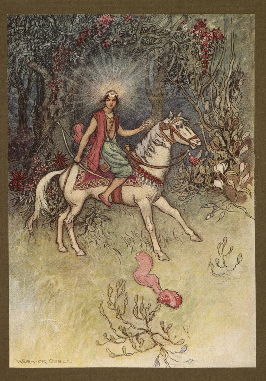 Levy 24: "Kirkas valo, kuten kuun valo, loisti hänen otsaansa", julkaisusta Folk-Tales of Bengal ... 32 värillistä Warwick Goblen kuvitusta (Edition de luxe) tekijältä Warwick Goble