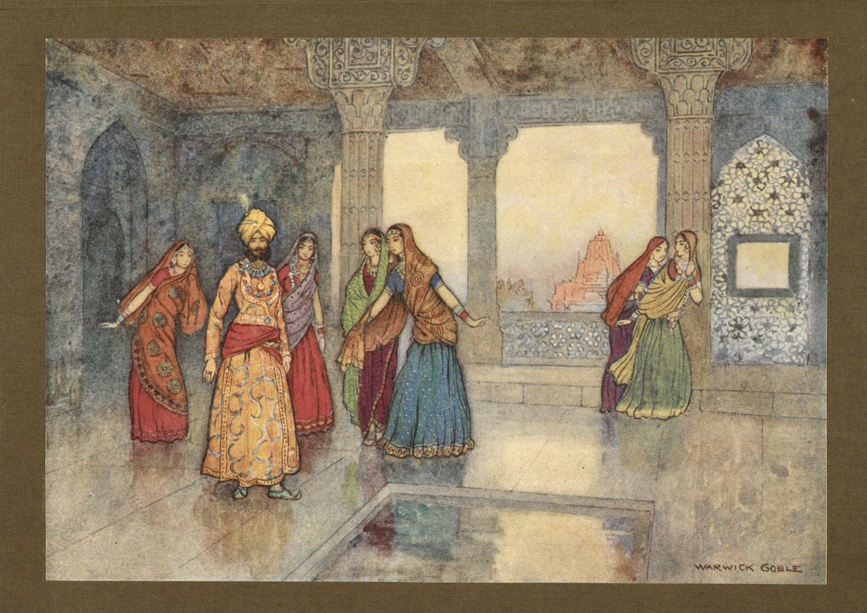 Levy 25: "Kuusi kuningatarta yritti lohduttaa häntä", julkaisusta Folk-Tales of Bengal... 32 Warwick Goblen värillistä kuvitusta. (Edition de luxe.) 1914 (väri litho) tekijältä Warwick Goble