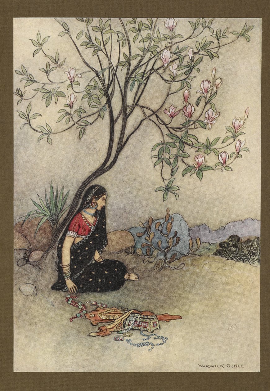 Levy 28: "Näin prinsessa hylättiin." Folk-Tales of Bengalista... Sisältää 32 Warwick Goblen värillistä kuvitusta. (Edition de luxe.) 1914 (väri litho) tekijältä Warwick Goble