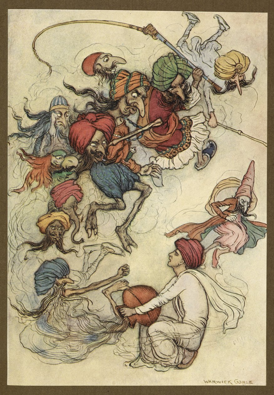 Levy 4: "Makeisten sijaan noin kymmenkunta demoneja." Folk-Tales of Bengal ... 32 värillistä Warwick Goblen kuvitusta. (De luxe -versio.) tekijältä Warwick Goble