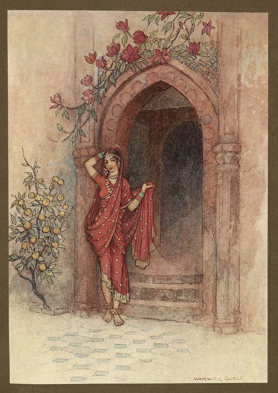 Kilpi 5: "Jen ovella seisoi upean kauneus nainen", Folk-Tales of Bengal... 32 Warwick Goblen värillistä kuvitusta. (Edition de luxe) tekijältä Warwick Goble