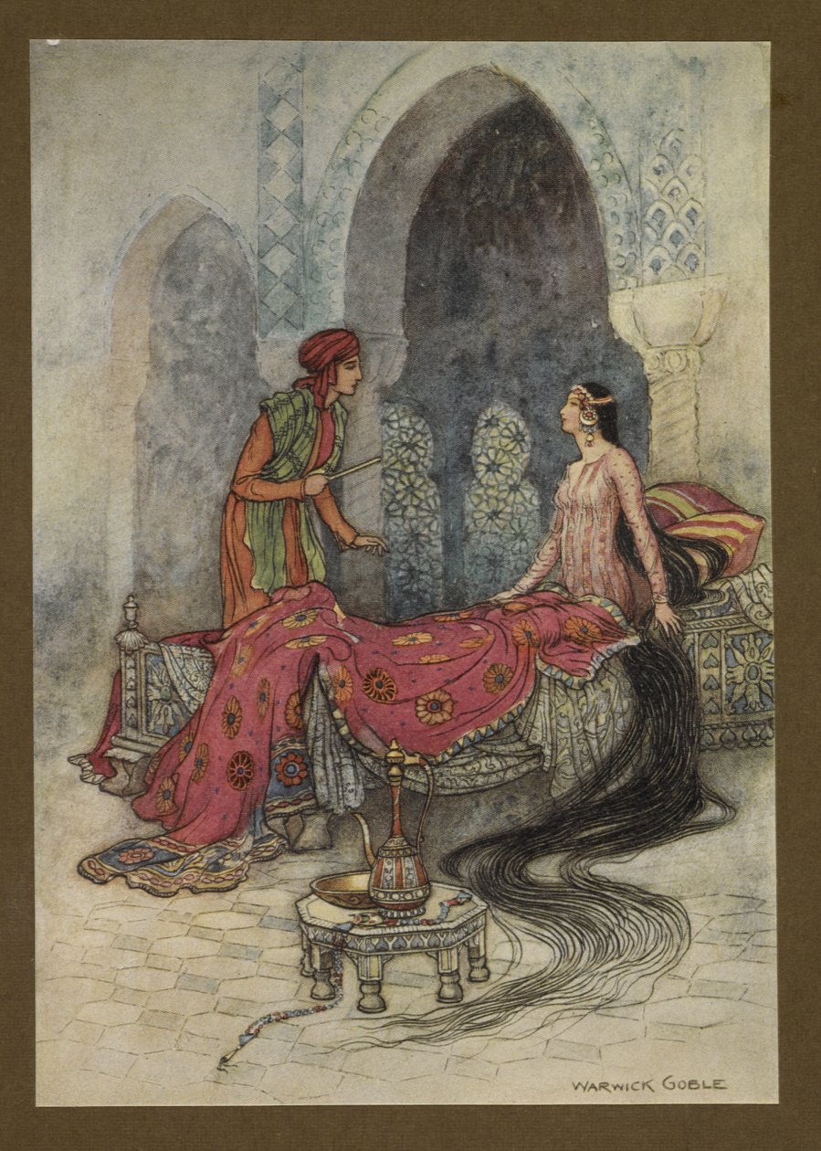 Levy 6: "Hänen heräsi, nousi istumaan sängyssään ja katseli muukalaista ja tiedusteli, kuka hän oli", julkaisusta Folk-Tales of Bengal... 32 Warwick Goblen värillistä kuvitusta. (De luxe.). 1914 tekijältä Warwick Goble