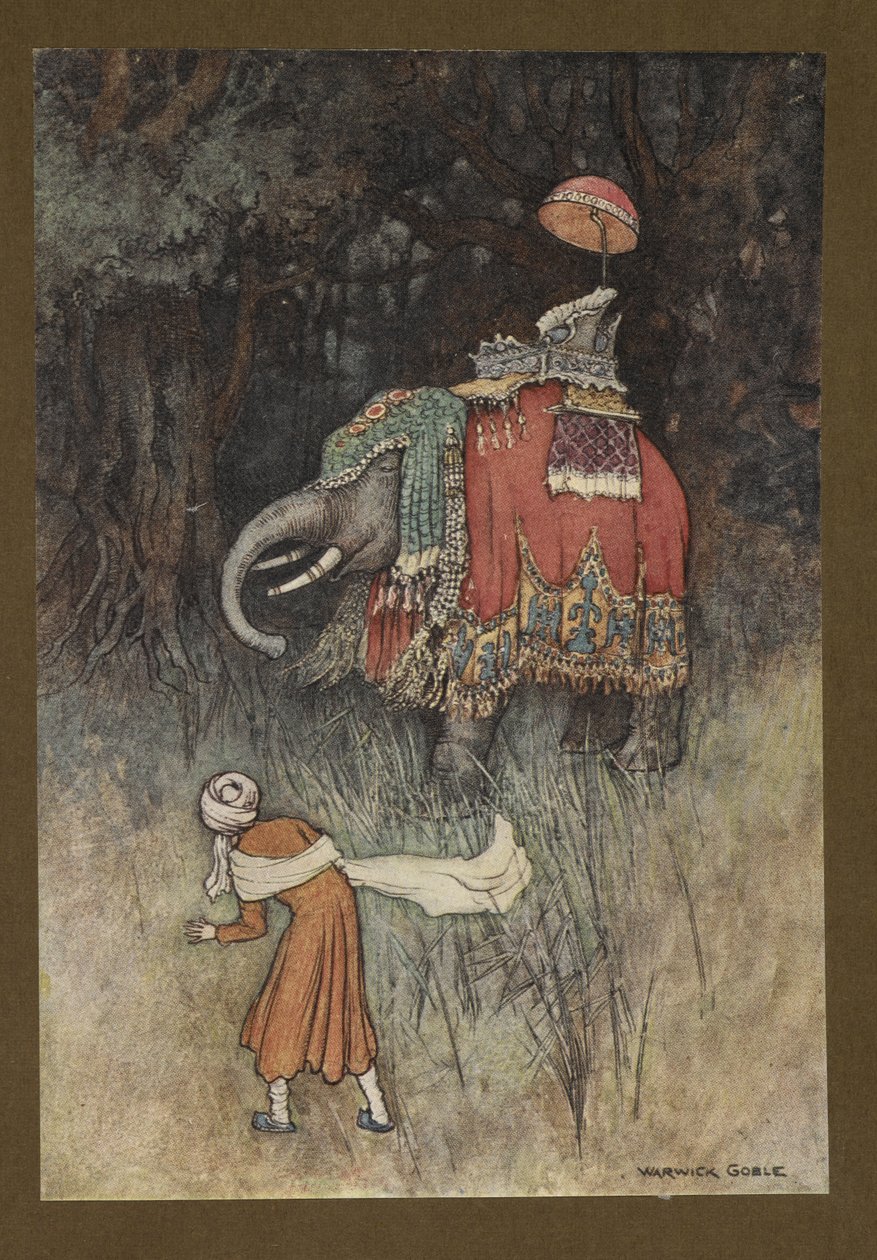 Levy 8: "Yhtäkkiä elefantti uppoutui polunsa poikki", Folk-Tales of Bengal... 32 värillistä Warwick Goblen kuvitusta (Edition de luxe) tekijältä Warwick Goble