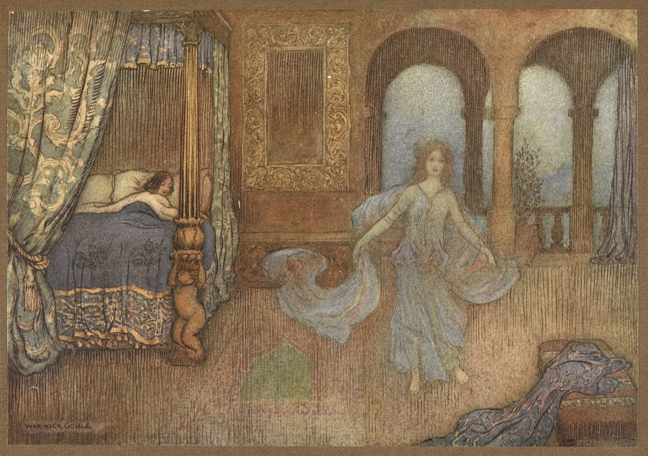 Keiju ilmestyy prinssille Myrttistä. tekijältä Warwick Goble
