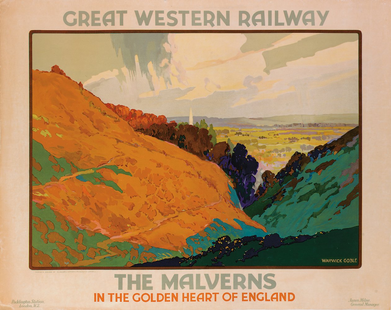 "The Malverns", juliste, joka mainostaa Great Western Railwayä tekijältä Warwick Goble