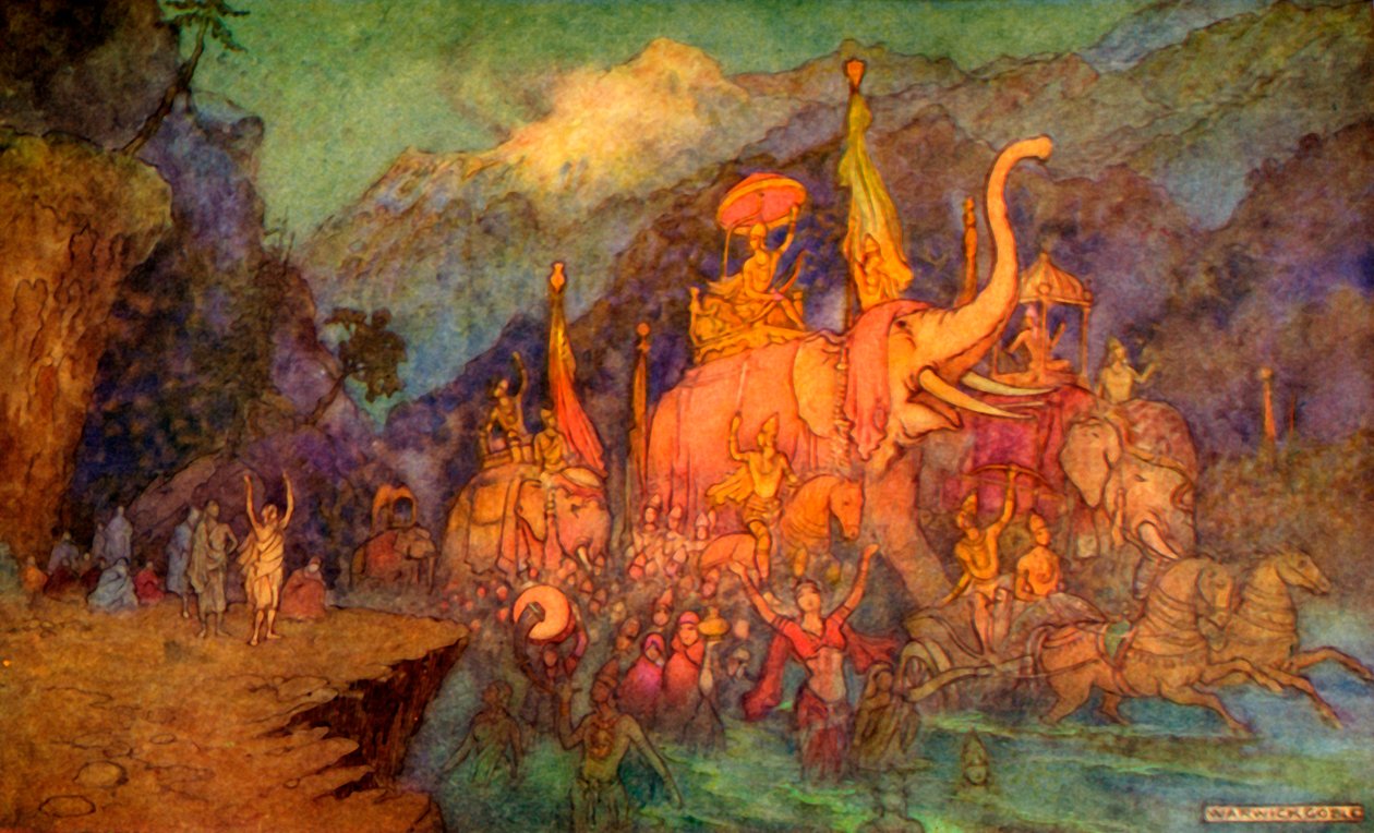 "Taistelussa surmattujen sankarien paluu", 1913. tekijältä Warwick Goble
