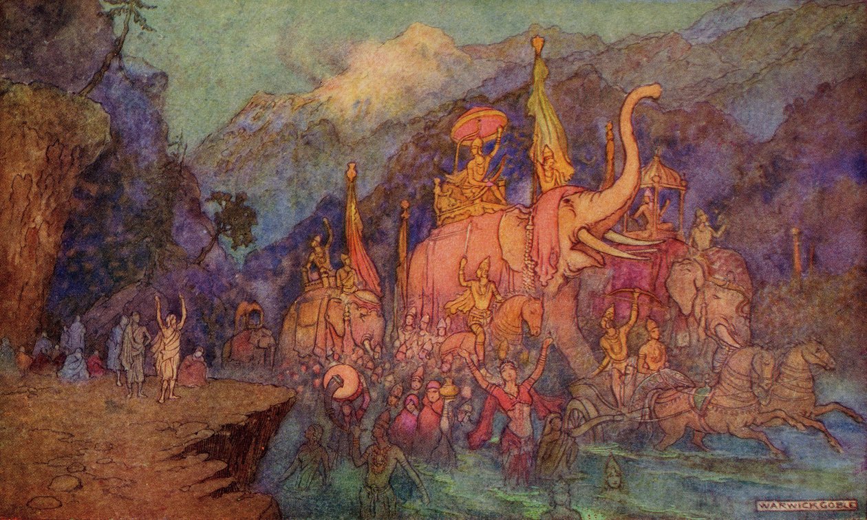 Kahdeksantoista päivän taistelussa surmattujen sankarien paluu, kuvitus Donald A. Mackenzien teoksesta "Intian myytti ja legenda", julkaistu vuonna 1913 tekijältä Warwick Goble