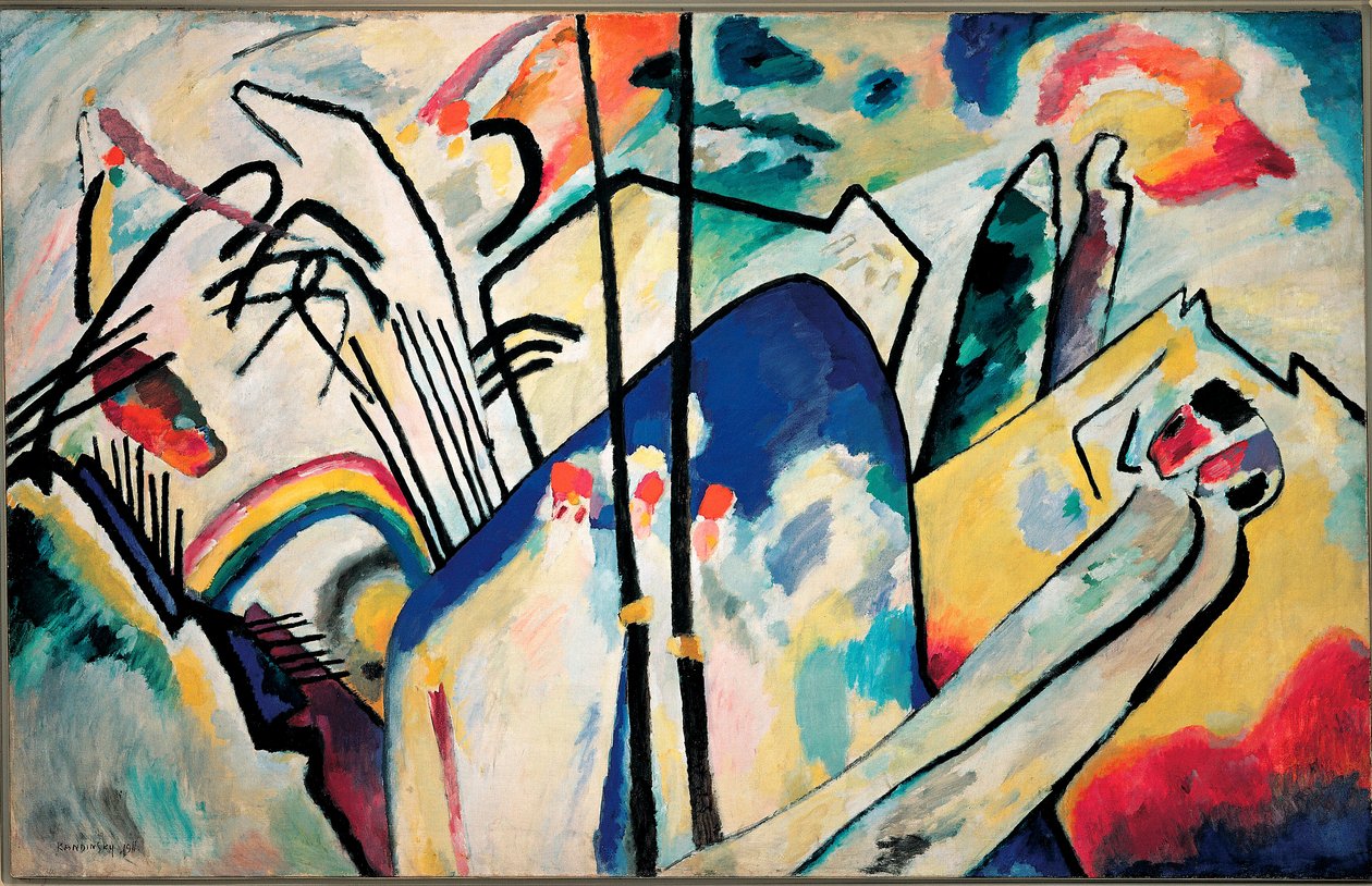 Sävellys IV Vassily Kandinskyn maalaus (tai Wassily Kandinski tai Kandinskij, 1866-1944) 1911 Dim. 160x250 cm Dusserdolf, Kunstsammlung Nordhein-Westfalen tekijältä Wassily Kandinsky