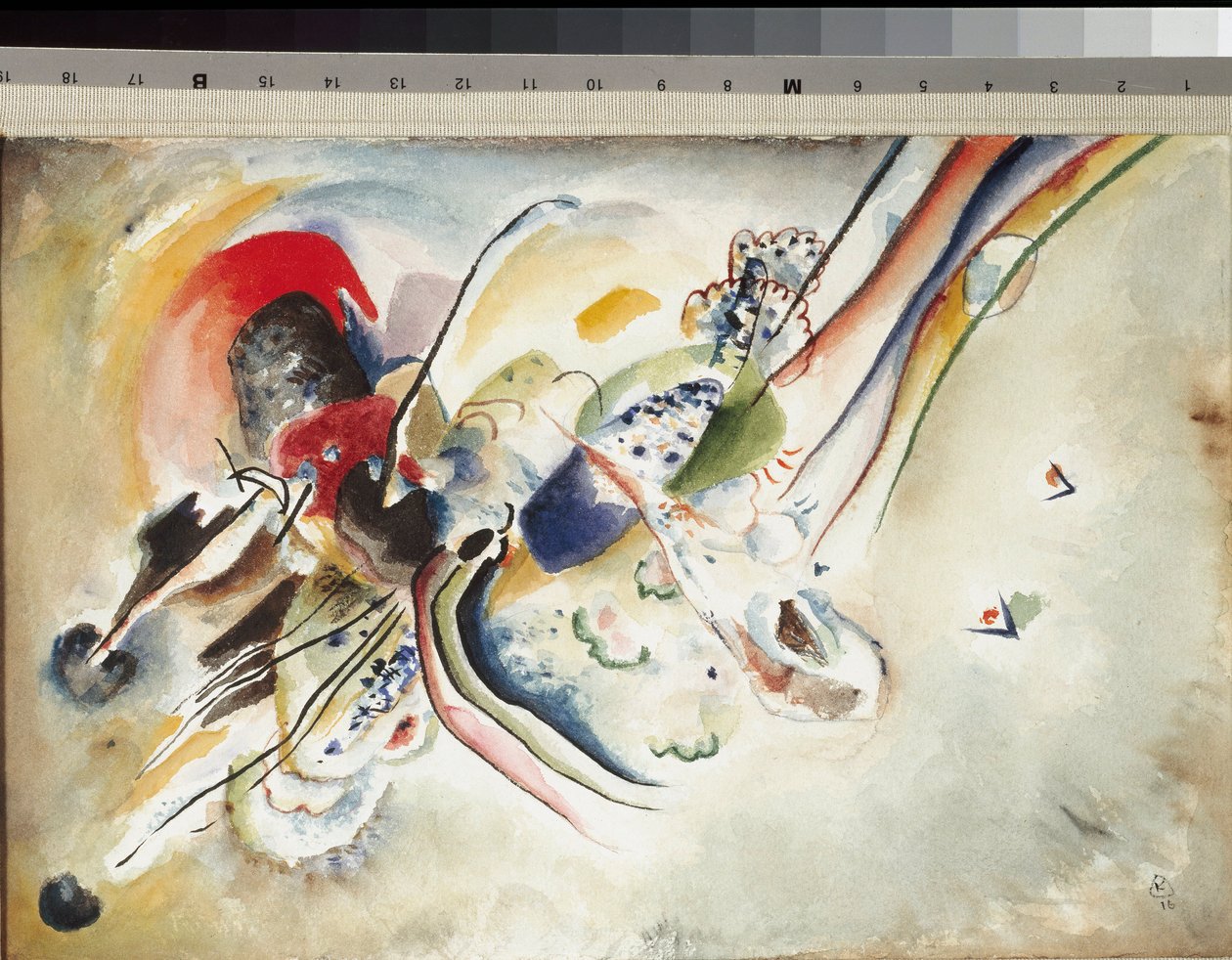 Koostumus Vesiväri ja lyijykynä pahville Vassily Kandinsky (tai Wassily Kandinsky tai Kandinsky, 1866-1944) 1916 Dime. 24x36 cm Milano, Museo del Novecento tekijältä Wassily Kandinsky