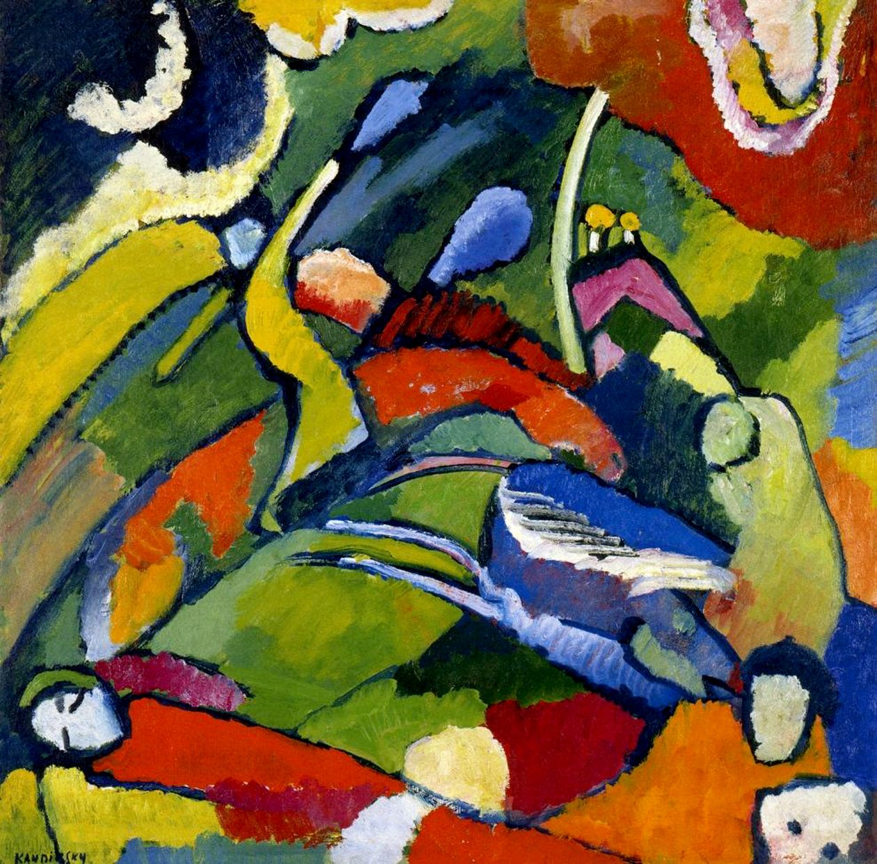Kaksi ratsastajaa ja hahmo makuulla, n. 1909-1910 tekijältä Wassily Kandinsky