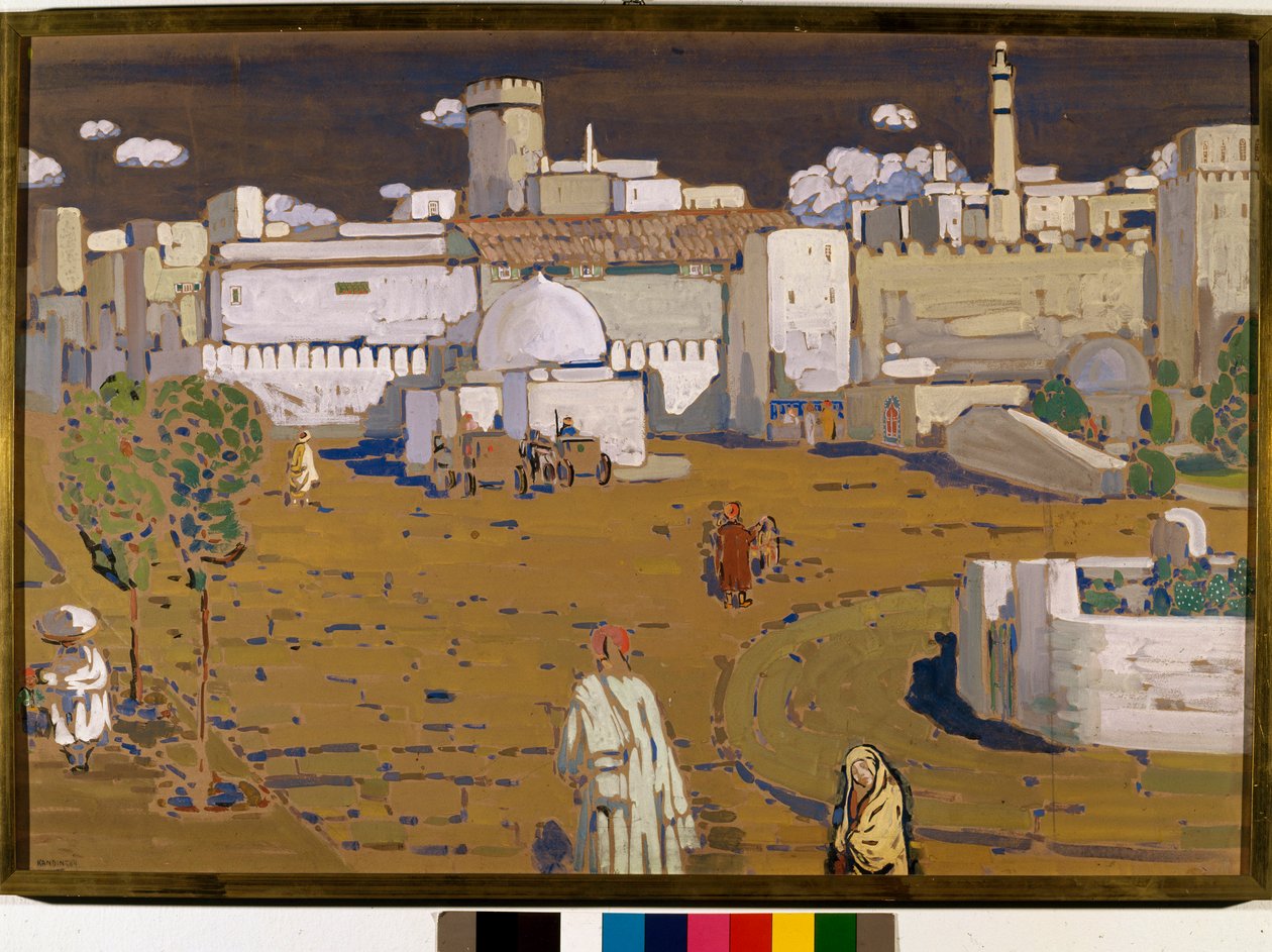 Näkymä kaupunkiin Marokossa Tempera, Vassily Kandinsky (tai Wassily Kandinski tai Kandinskij, 1866-1944). 1904 Su. 67x99 cm yksityinen kokoelma tekijältä Wassily Kandinsky