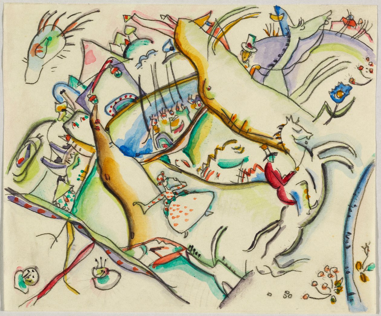 Akvarelli etsausta III varten; maisema ja ratsastajia tekijältä Wassily Kandinsky