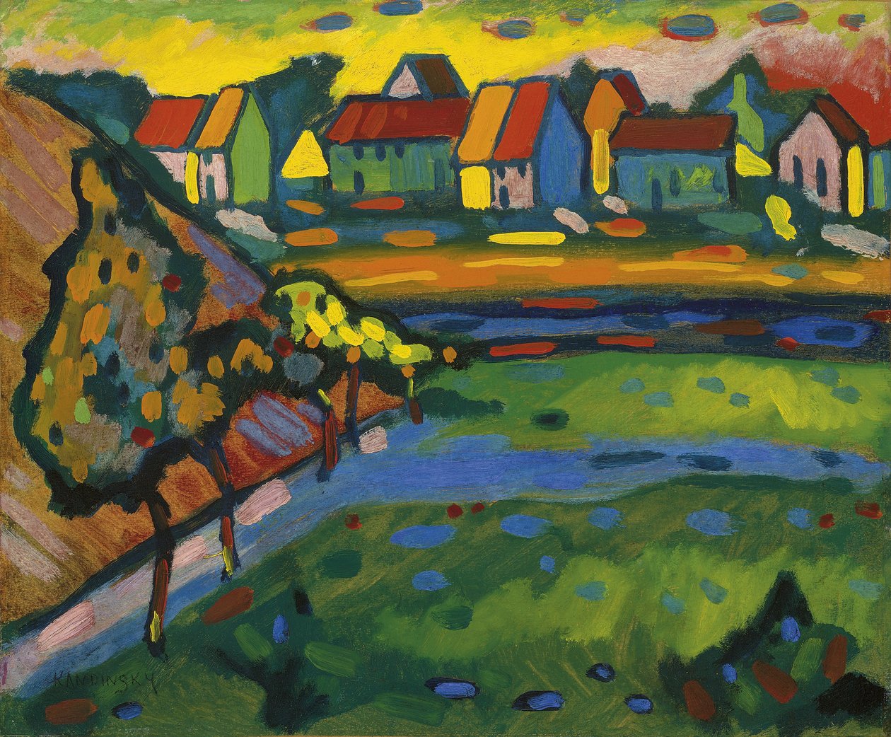 Baijerin kylä kentällä; Baijerin kylä peltoineen tekijältä Wassily Kandinsky