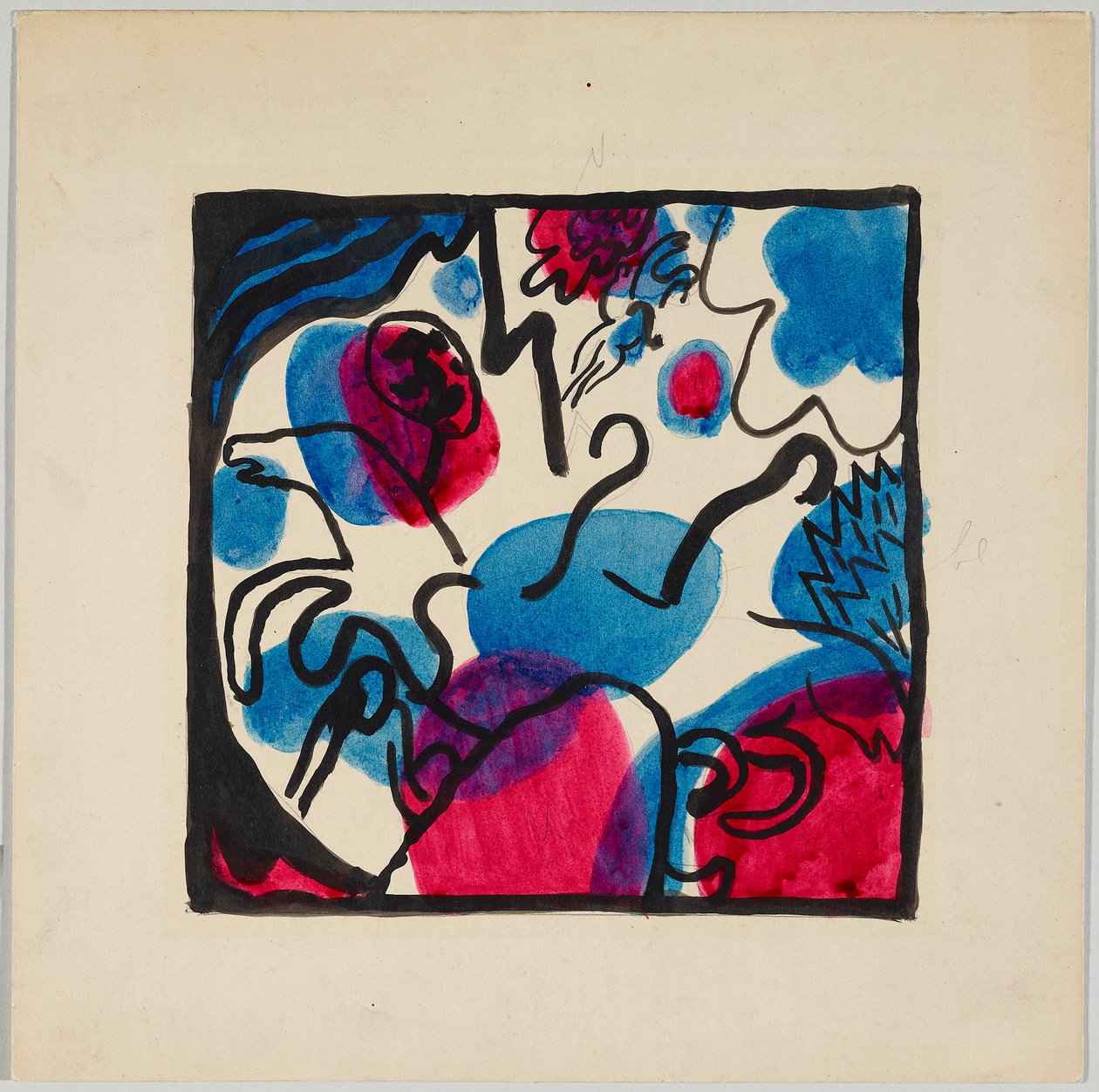 Luonnos värilliselle puupiirrokselle "Kolme ratsastajaa punaisella, sinisellä ja mustalla" tekijältä Wassily Kandinsky