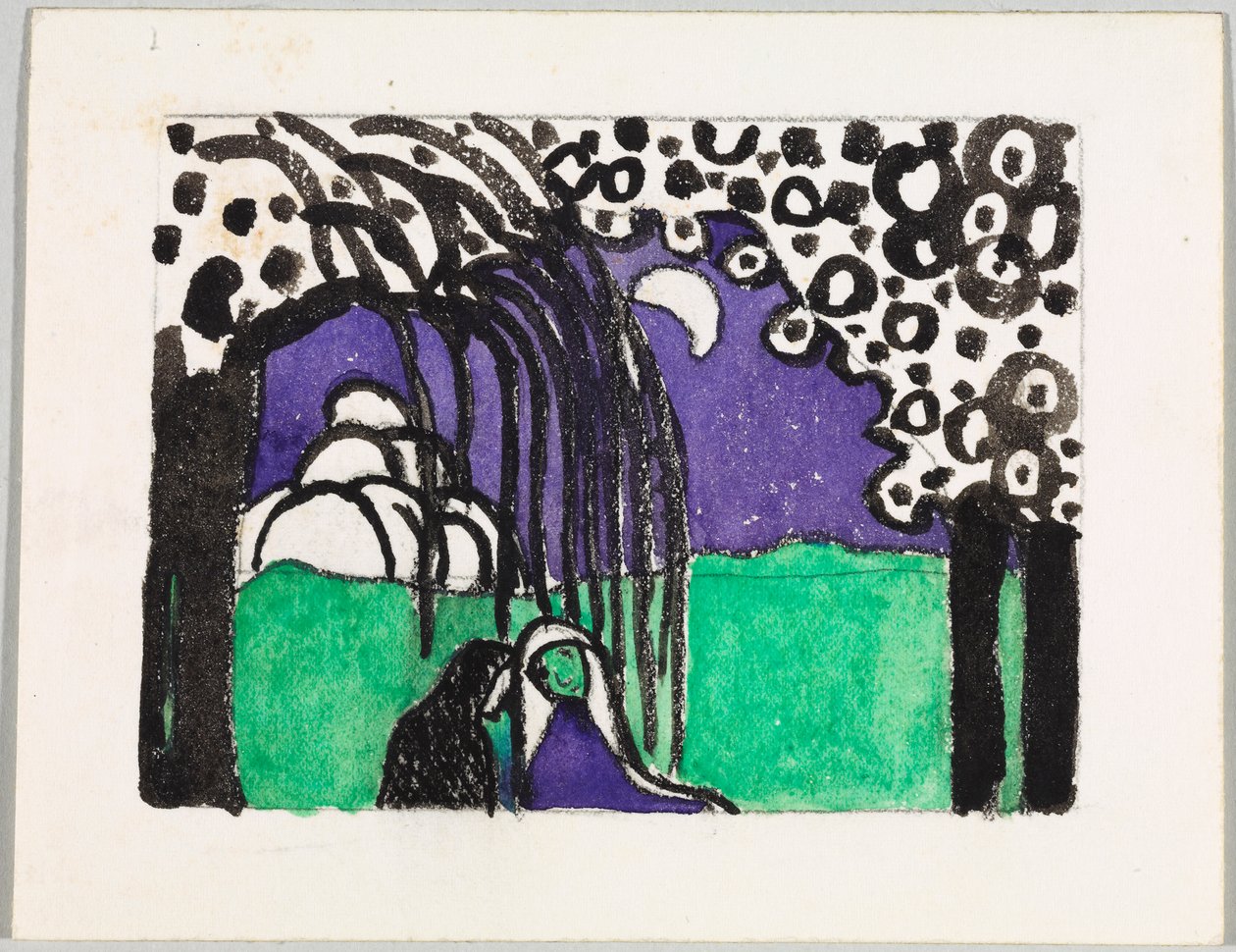 Luonnos väripuupiirrokseen ”Kaksi naista kuumaisemassa” tekijältä Wassily Kandinsky