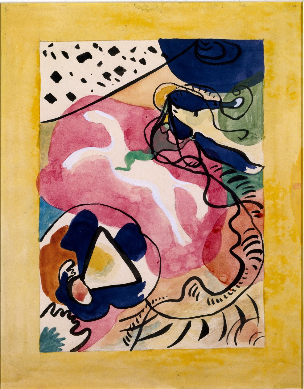 Ekspressionismi: kansiprojekti Vassily Kandinskyn (tai Wassily Kandinski tai Kandinskij, 1866-1944) almanakalle ""The Blue Rider"" (Der Blaue Reiter). Kiinalainen muste ja akvarelli. 1911 Dim. 27,7x21 tekijältä Wassily Kandinsky