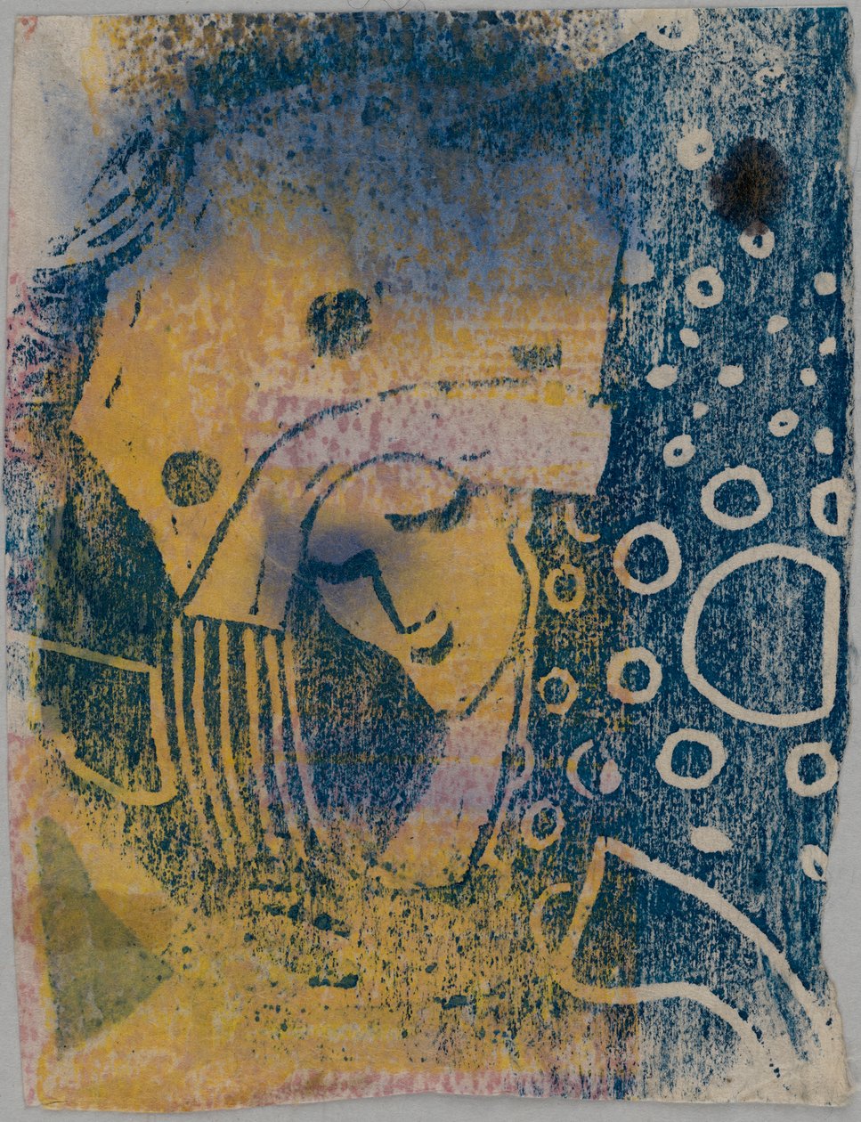 Farbholzschnitt-Probedrucke; Vorderseite: Frauenkopf mit großer Haube, Hintergrund mit Kreismusterung; Rückseite: Hand, stehende Gestalten tekijältä Wassily Kandinsky