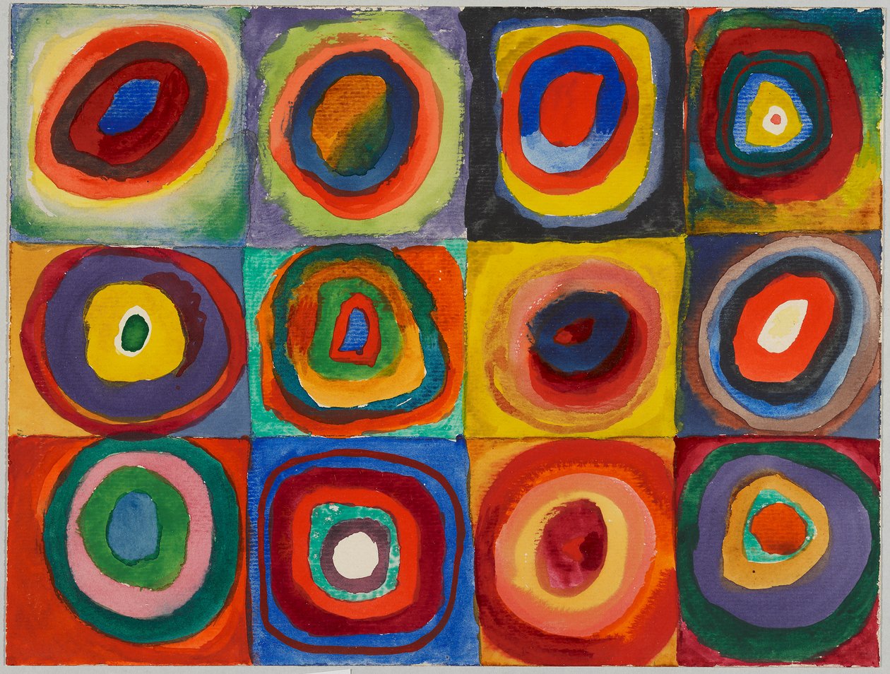 Väritutkielma - neliöitä, joissa on samankeskisiä renkaita tekijältä Wassily Kandinsky