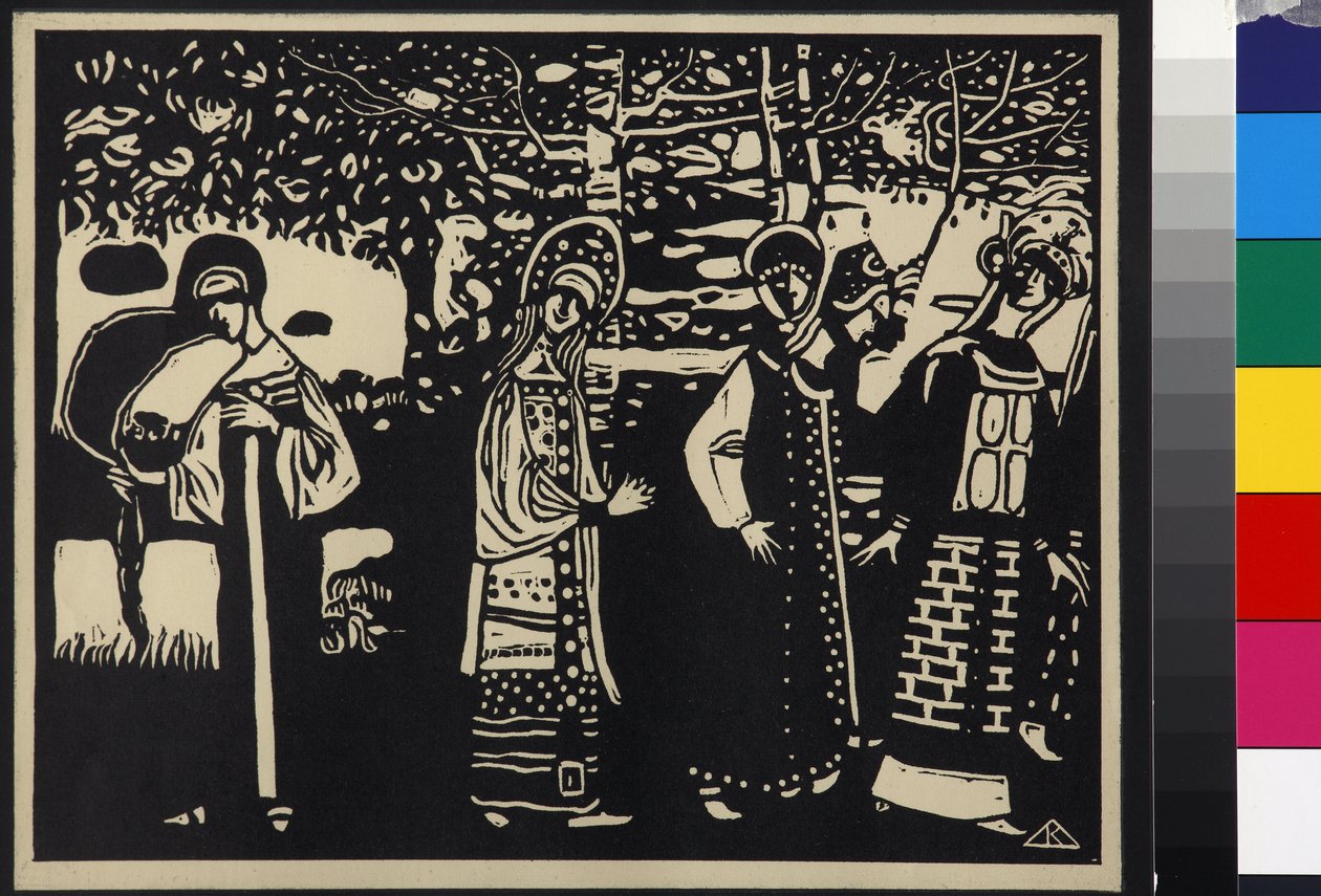 Naiset metsässä (Women in the Woods), kirjoittanut Kandinsky, Wassily Vasilyevich (1866-1944). Puupiirros tekijältä Wassily Kandinsky
