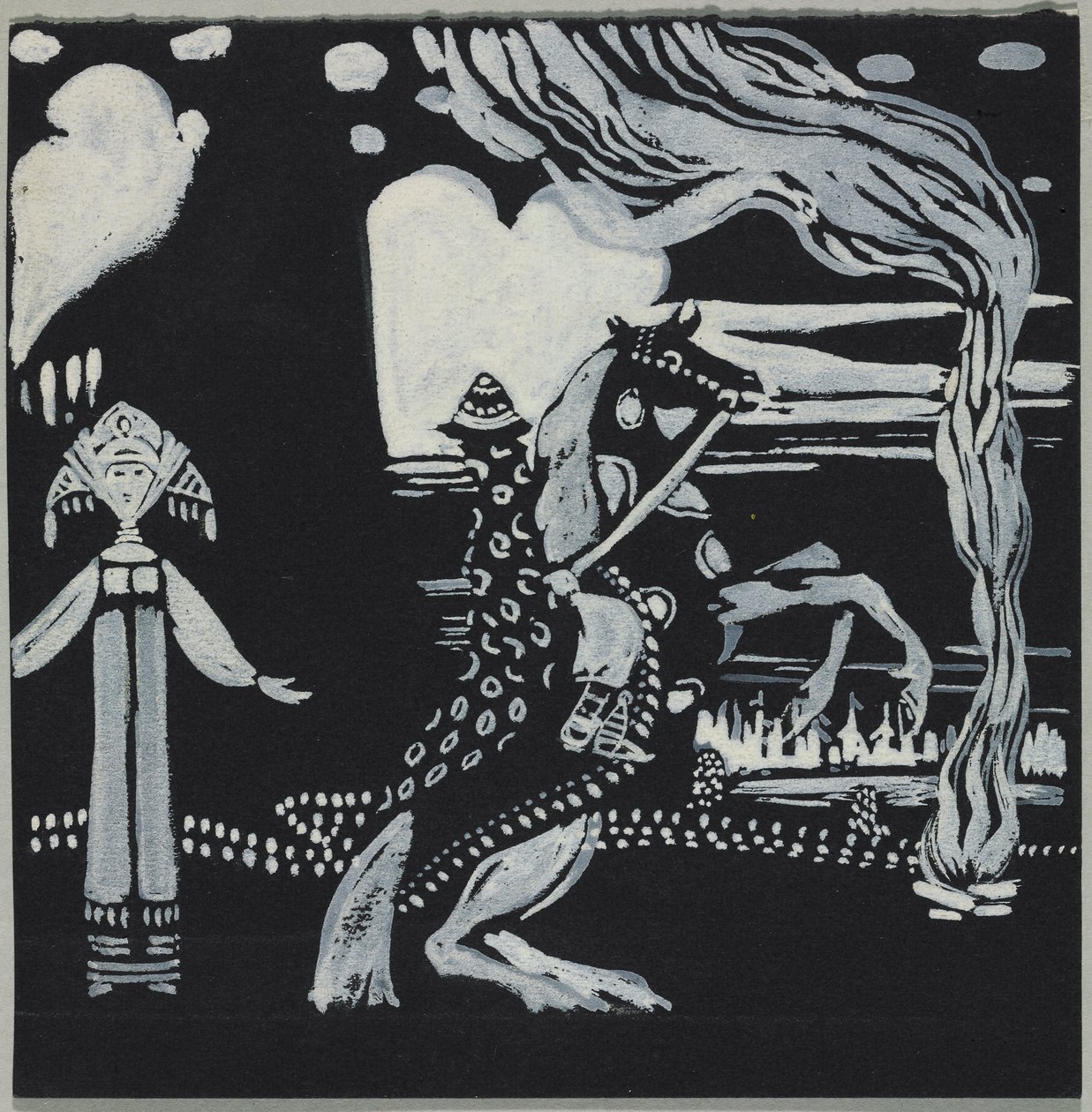 Liekki, nainen ja ratsastaja (mielikuvitusasussa) tekijältä Wassily Kandinsky
