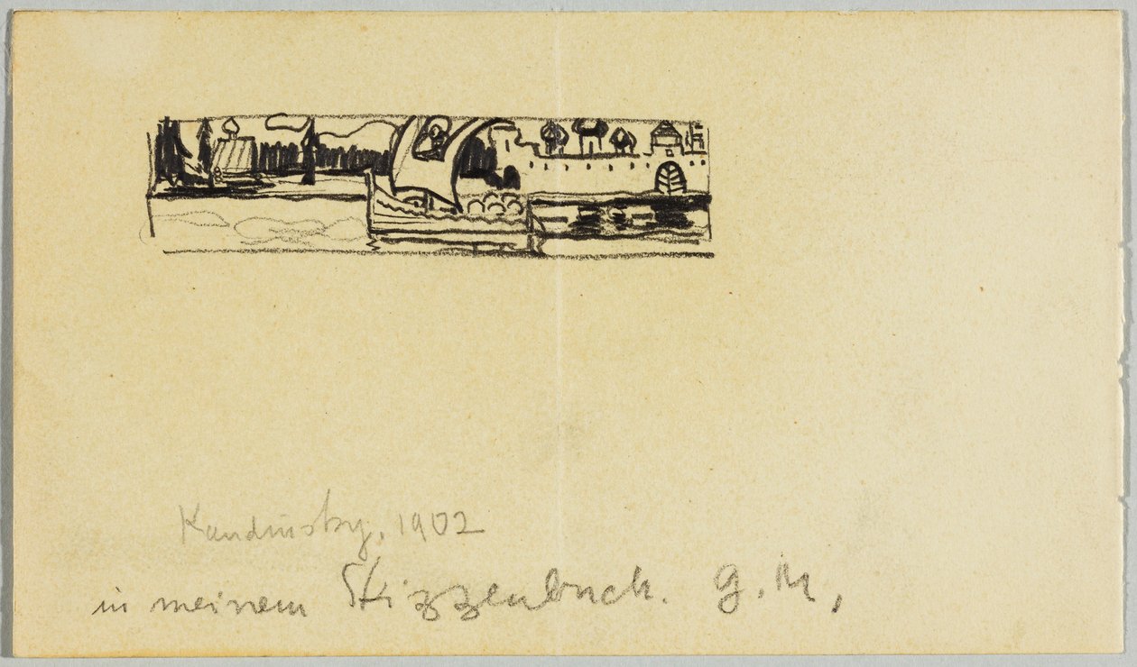 Jokimaisema veneen ja muurien kanssa tekijältä Wassily Kandinsky
