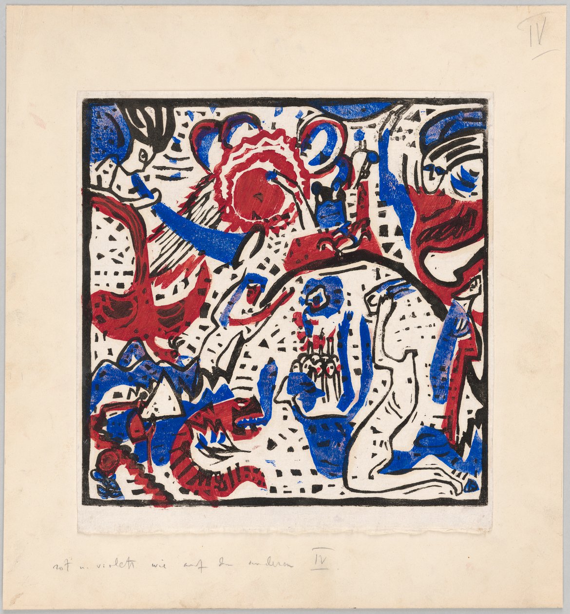Holzschnitt nach dem Hinterglasbild "Große Auferstehung" (Probedruck mit Anweisungen für Kandinskys Buch "Klänge" (1912), S. 97) tekijältä Wassily Kandinsky