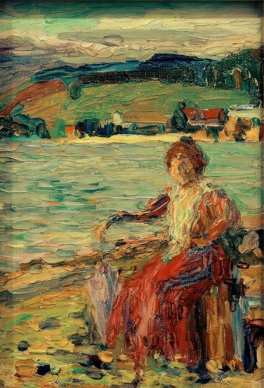 Punaisessa mekossa järven rannalla tekijältä Wassily Kandinsky
