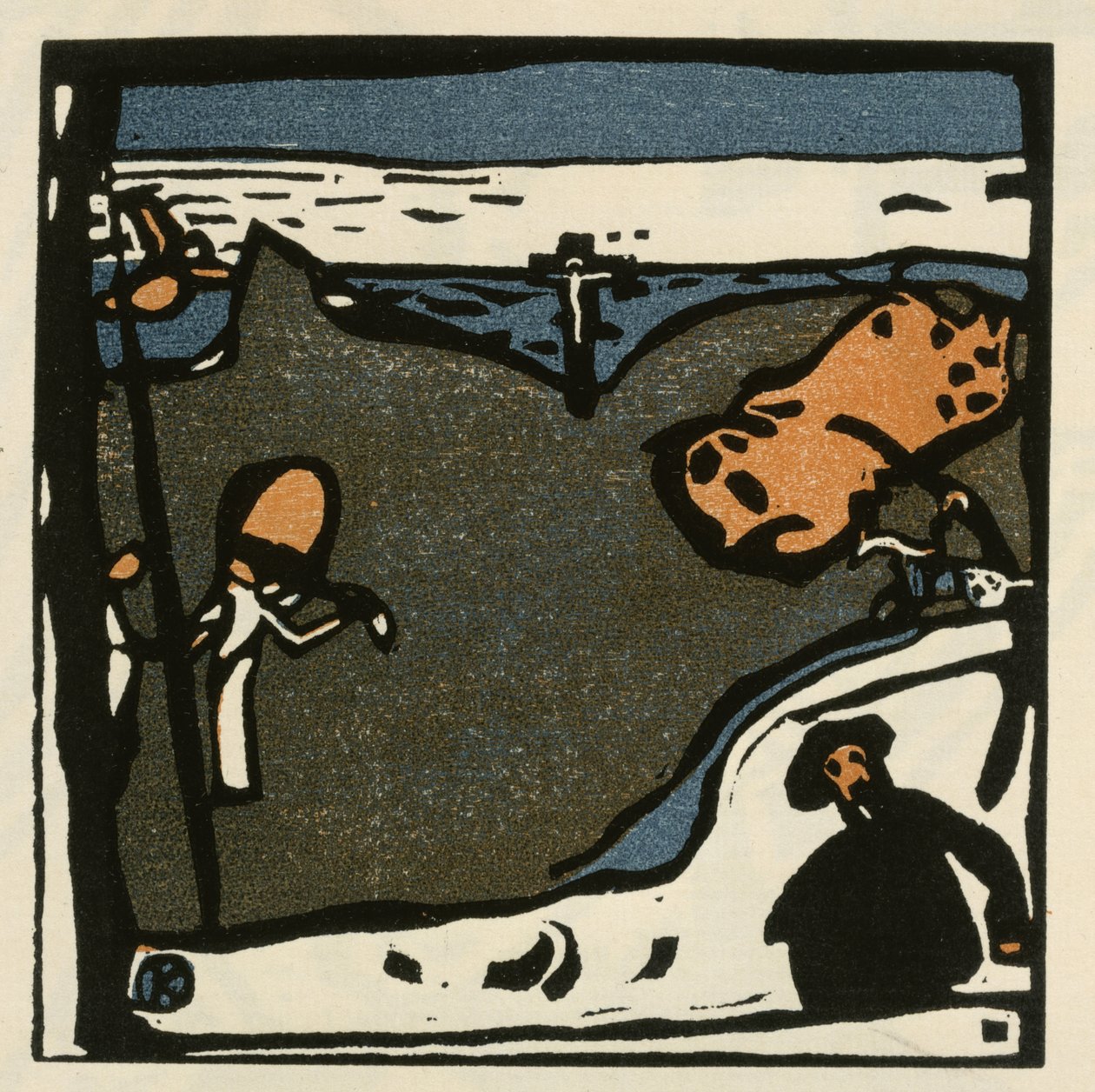 Maisema, hahmoja ja krusifiksi (lehti 49 teoksesta "Klänge") tekijältä Wassily Kandinsky