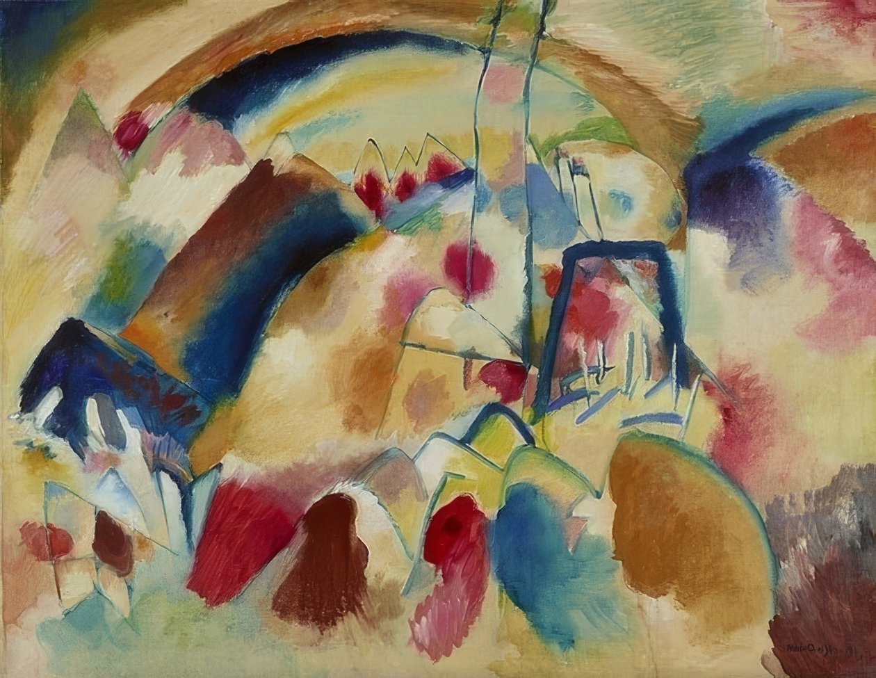 Maisema kirkon kanssa (maisema punaisilla täplillä I). 1913 tekijältä Wassily Kandinsky