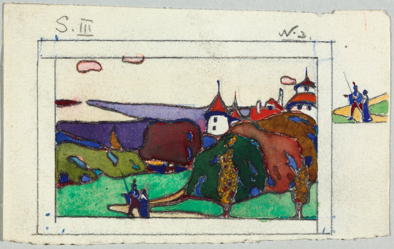 Maisema, jossa pariskunta keskiaikaisessa puvussa, verso: ritari haarniskassa tekijältä Wassily Kandinsky