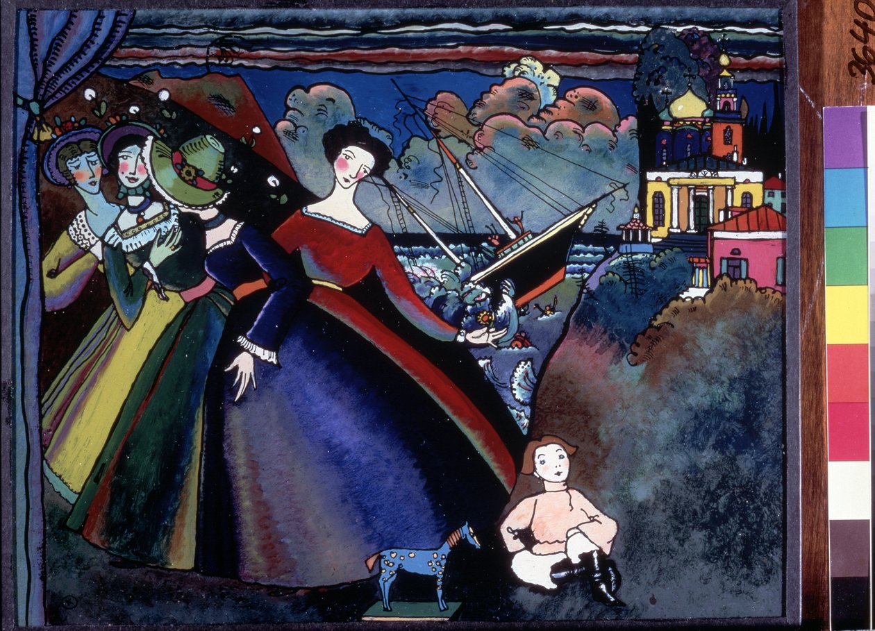 ""Laiva"" Nuoret naiset laiturissa, kaukaa vene näyttää uppoavan. Wassily Kandinskyn maalaus (tai Wassily Kandinski tai Kandinskij tekijältä Wassily Kandinsky