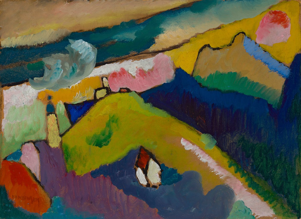 Murnau - vuoristomaisema ja kirkko tekijältä Wassily Kandinsky
