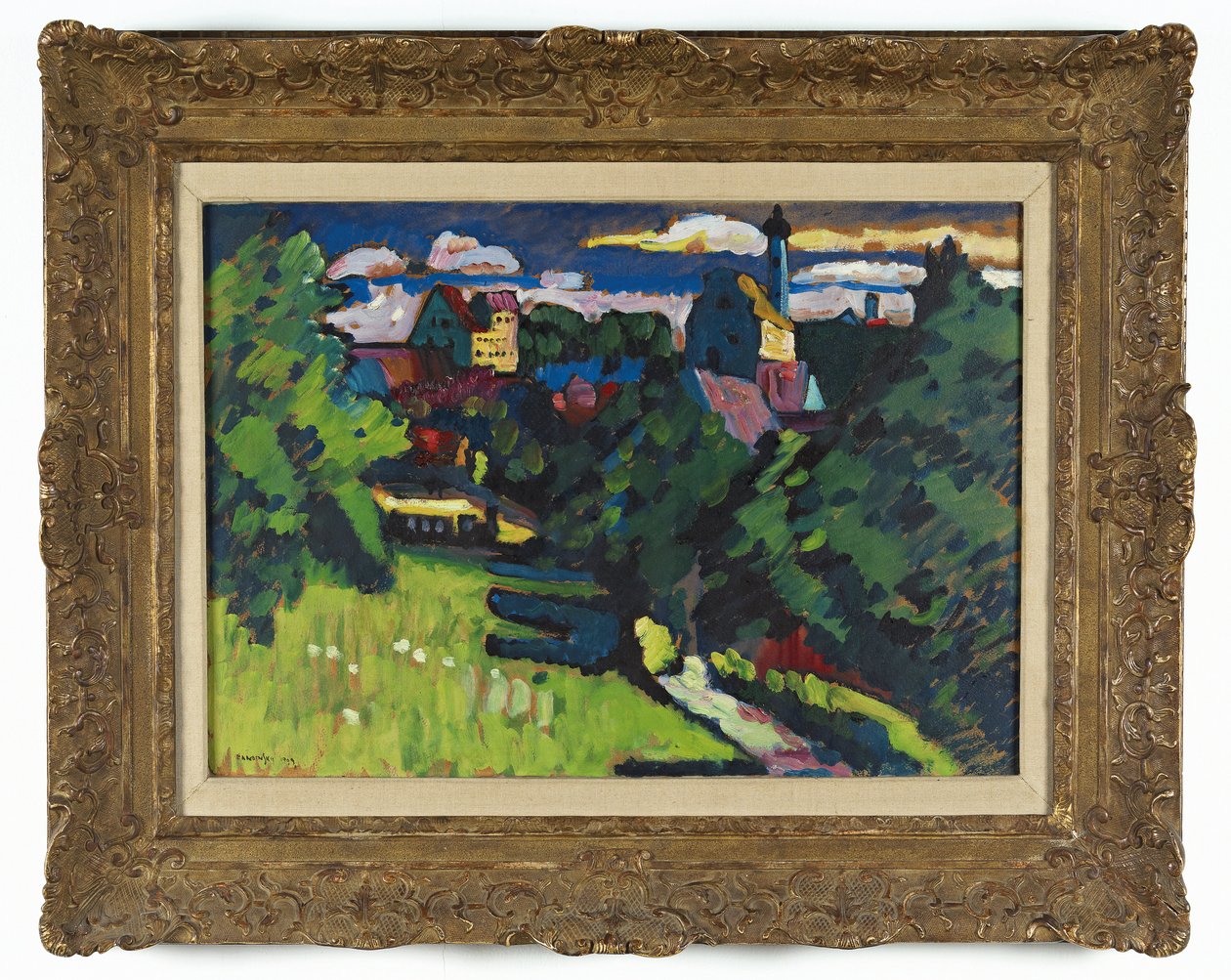 Murnau - näkymä linnalle, kirkolle ja rautateelle tekijältä Wassily Kandinsky
