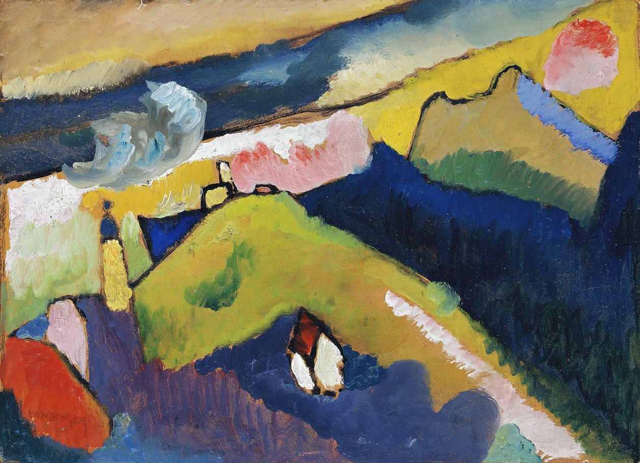 ""Murnau, vuoristomaisema kirkon kera"" Wassily Kandinskyn (tai Wassily Kandinski tai Kandinskij) maalaus tekijältä Wassily Kandinsky