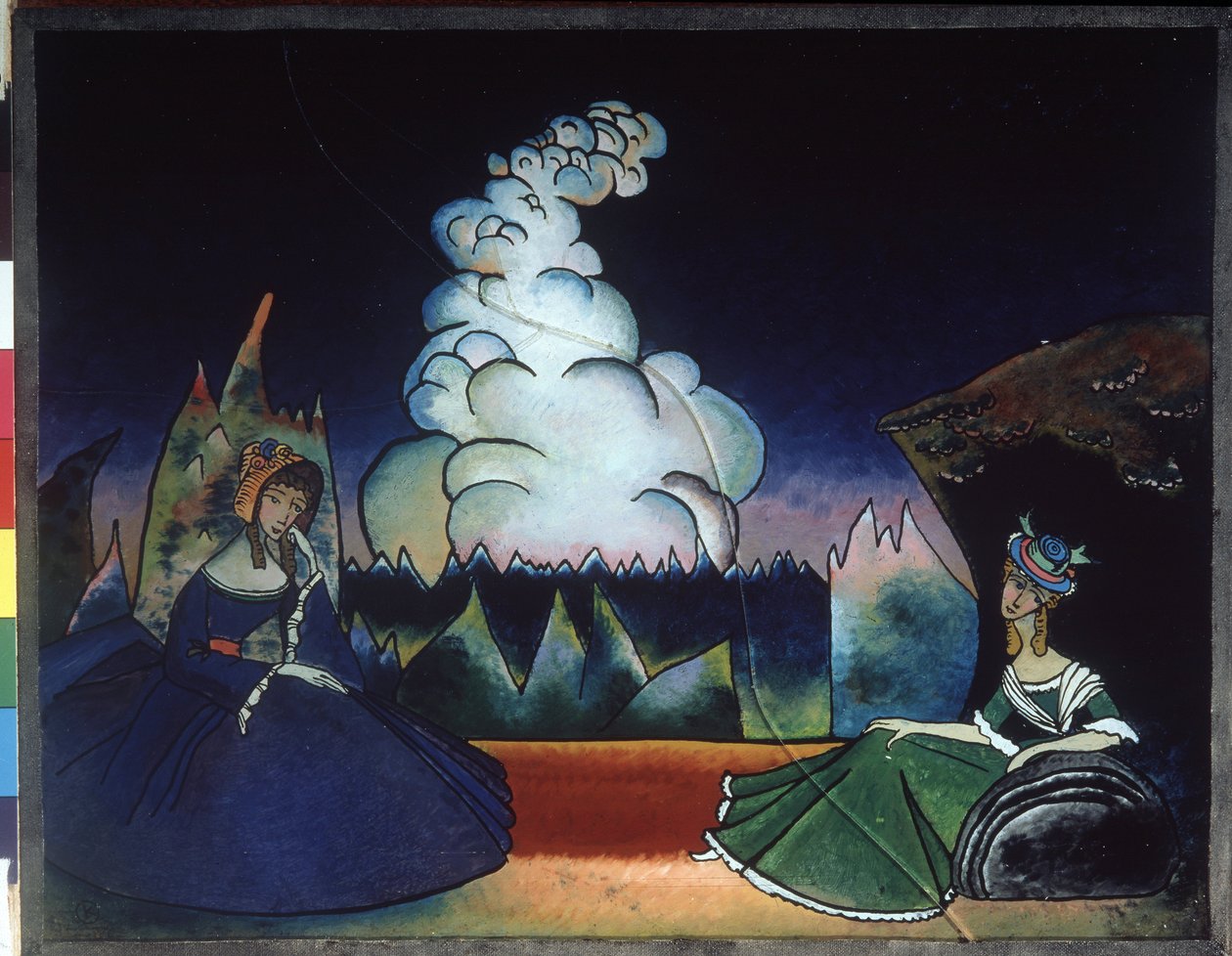 ""Valkoinen pilvi"" (Valkoinen pilvi) Wassily Kandinskyn (tai Wassily Kandinski tai Kandinskij) maalaus lasille tekijältä Wassily Kandinsky